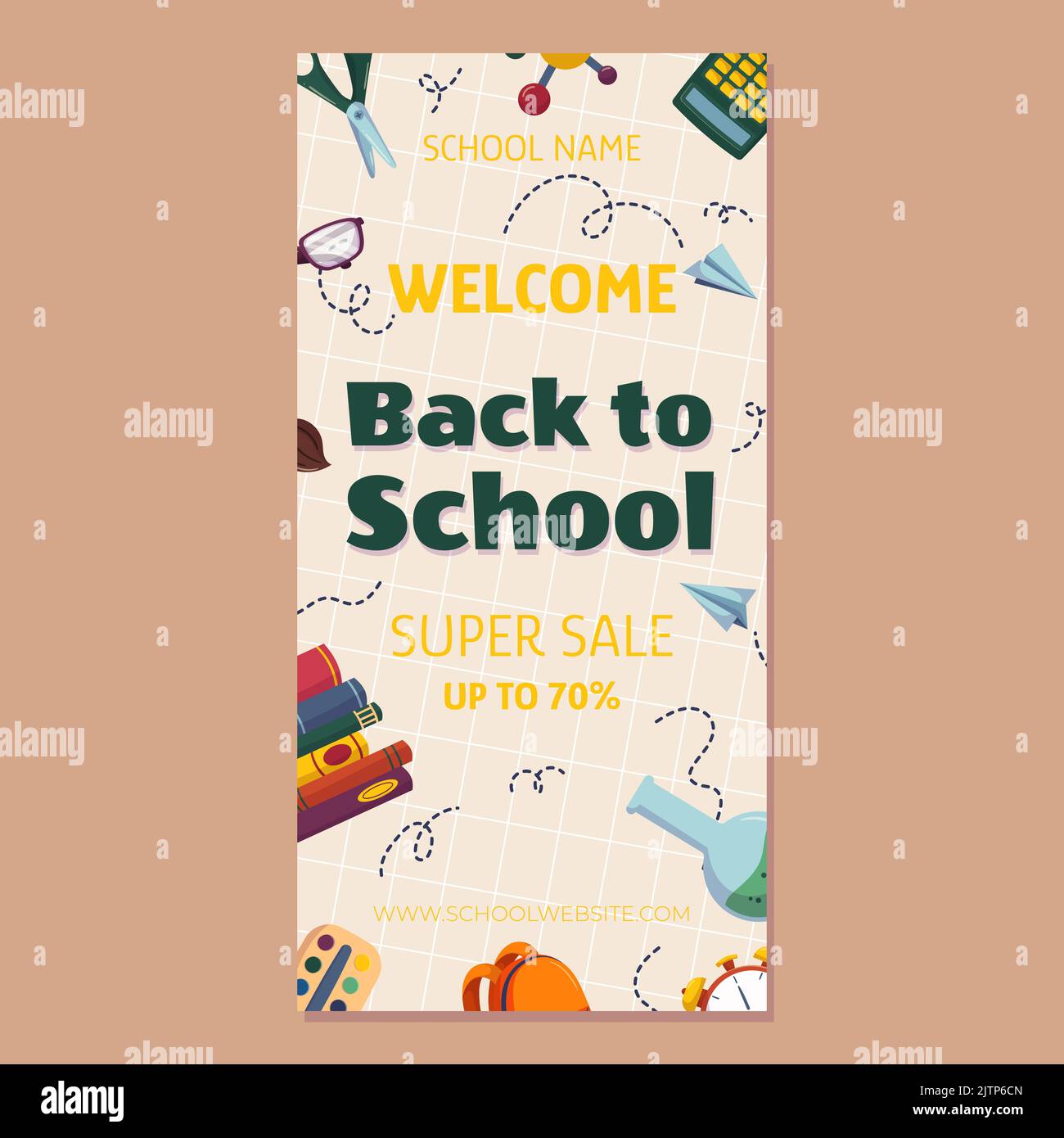 Coloré de retour à l'école offre modèle de bannière verticale avec différents articles d'étude - pile de livres, palette de peinture, sac alarme lunettes papier avion. Illustration vectorielle avec espace de copie Illustration de Vecteur