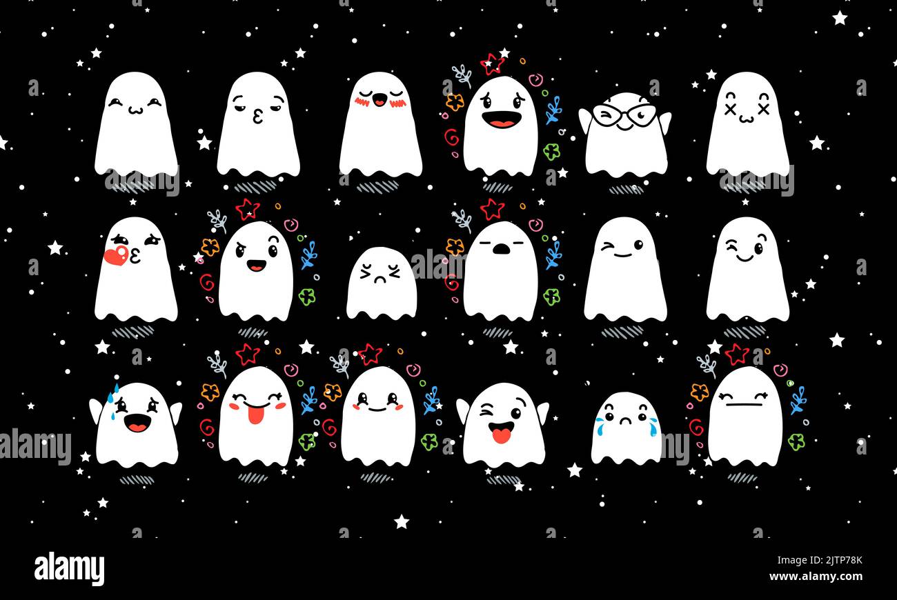 Ensemble de divers fantômes de dessin animé avec émoticônes. Doodle ghouls, yeux et bouche. Caricature expressive comic émotions, souriant, pleurant et surpris chara Illustration de Vecteur