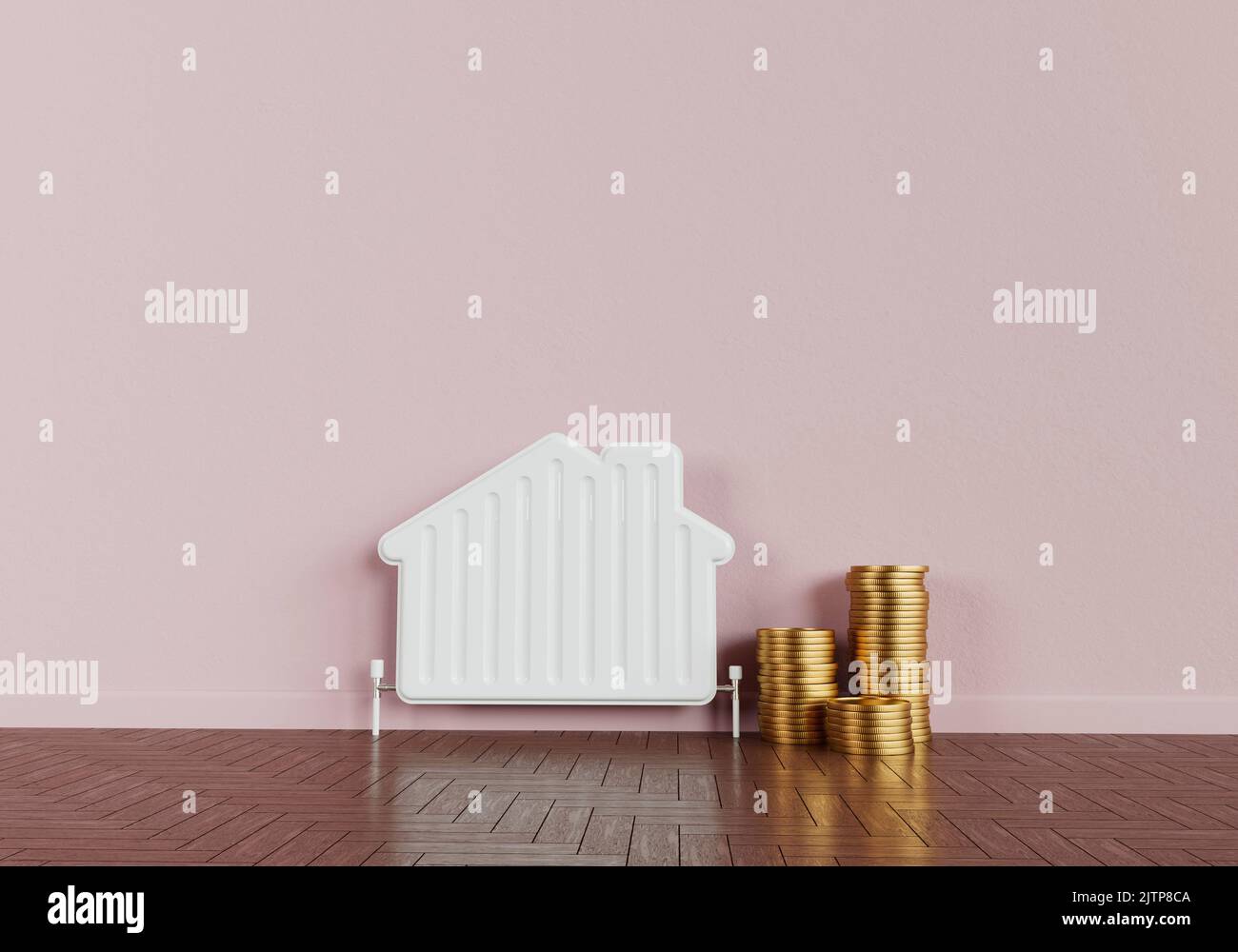 Concept de factures d'énergie des ménages. Radiateur de chauffage en forme  de maison avec une pile de pièces. 3D rendu Photo Stock - Alamy