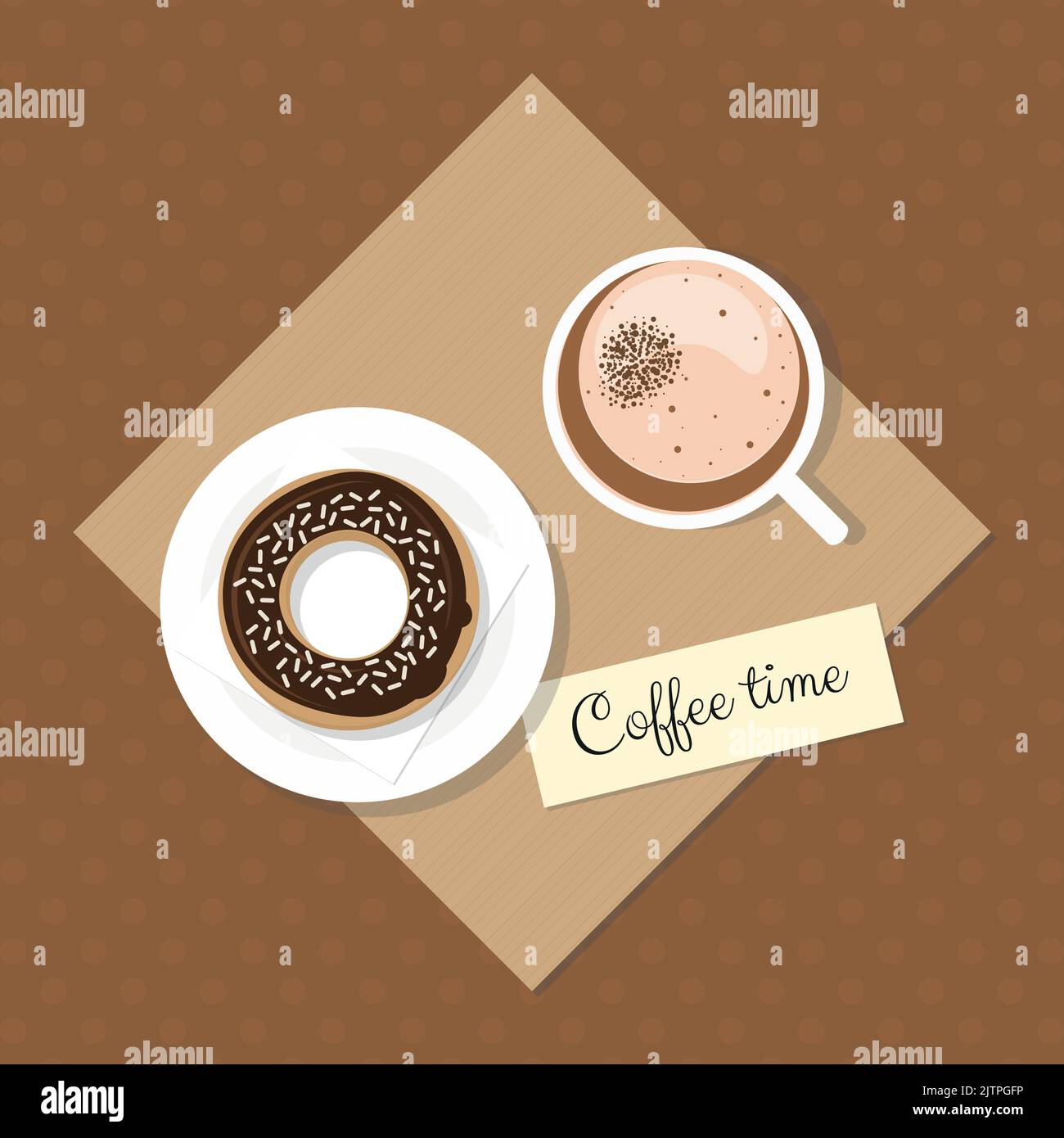Heure du café. Latte Macchiato au café avec beignet au chocolat glacé sur fond en pointillés. Éléments plats. Illustration de Vecteur