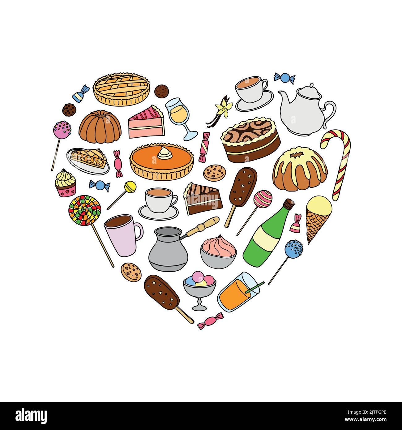 Bonbons dessinés à la main, gâteaux, crèmes glacées, tartes, café, thé composé en forme de coeur. Illustration de Vecteur