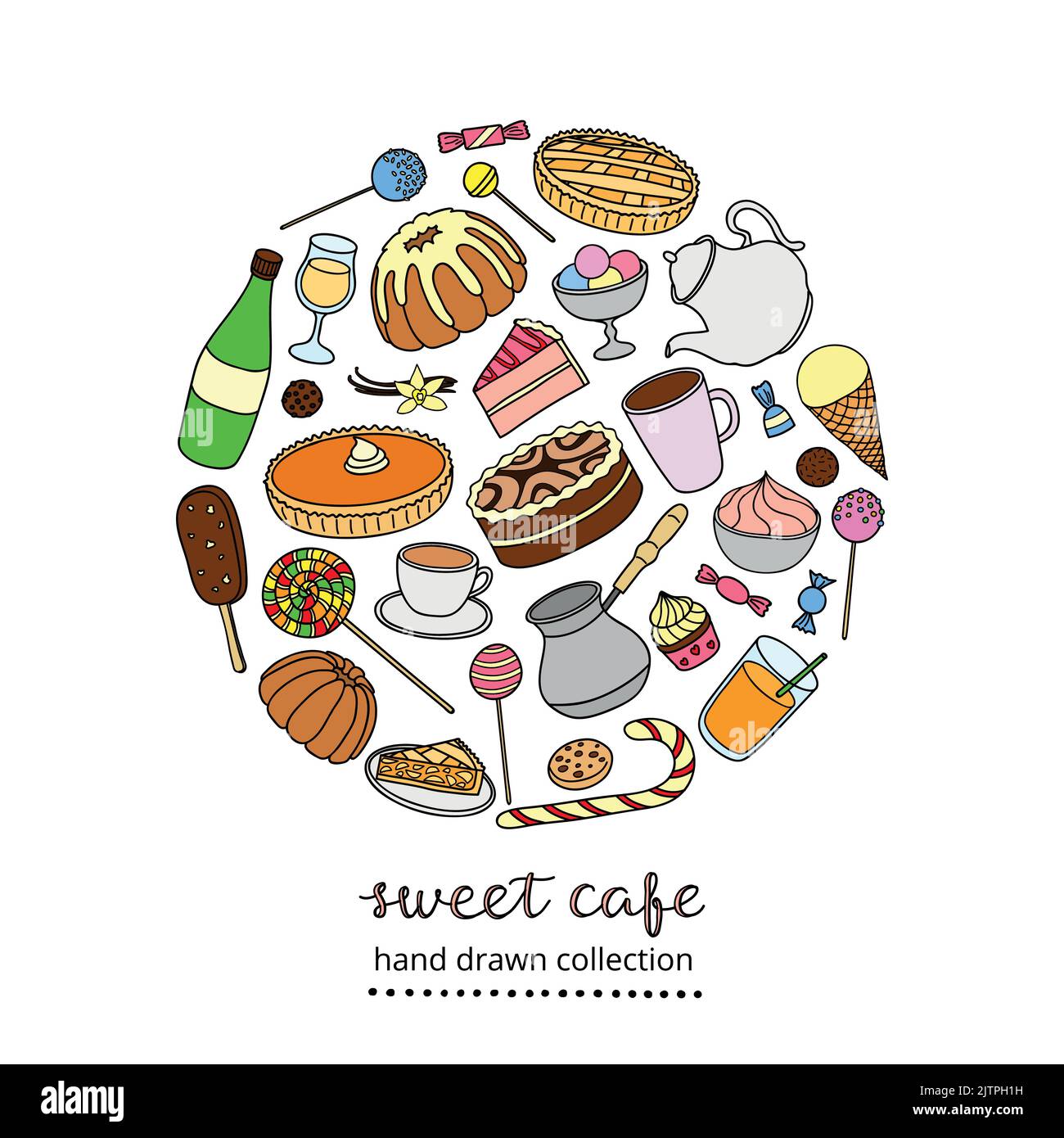 Bonbons dessinés à la main, gâteaux, crèmes glacées, tartes, café, thé composé en forme de cercle avec lettrage. Illustration de Vecteur