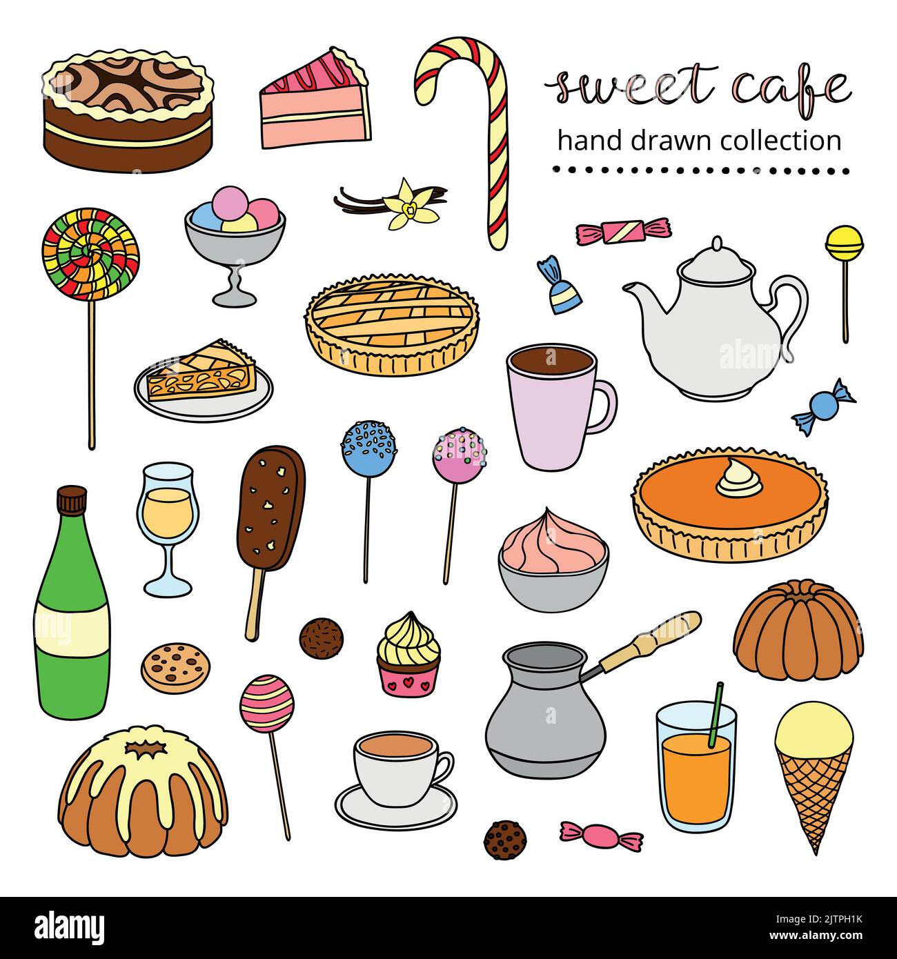 Collection tirée à la main de bonbons, gâteaux, crèmes glacées, tartes, café, thé isolé sur fond blanc. Illustration de Vecteur
