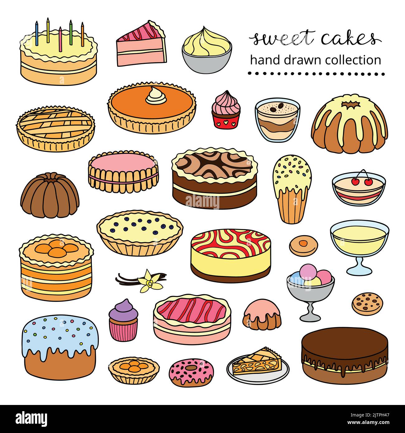 Collection de gâteaux dessinés à la main pour l'anniversaire, pâques, fête, café sucré isolé sur fond blanc. Illustration de Vecteur