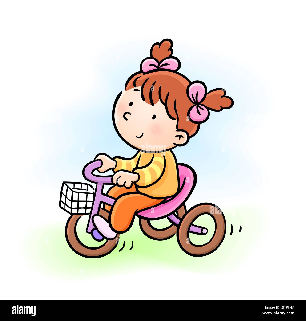 Bonne mignonne jeune fille à cheval sur une clique de dessin animé tricycle Illustration de Vecteur