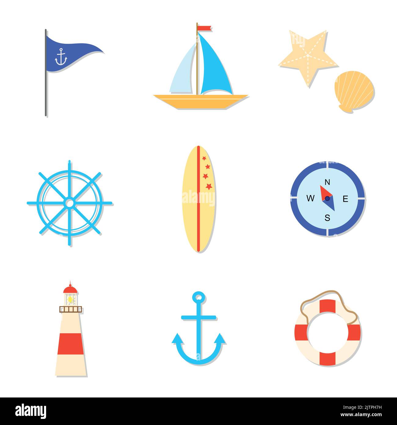 Icônes marines plates isolées sur fond blanc. Illustration de Vecteur