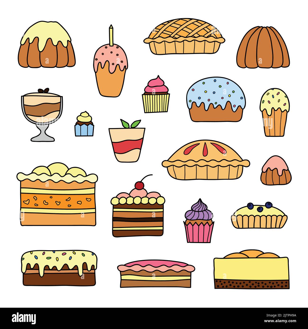 Collection de gâteaux de dindle mignons pour l'anniversaire, pâques, fête, café sucré isolé sur fond blanc. Illustration de Vecteur