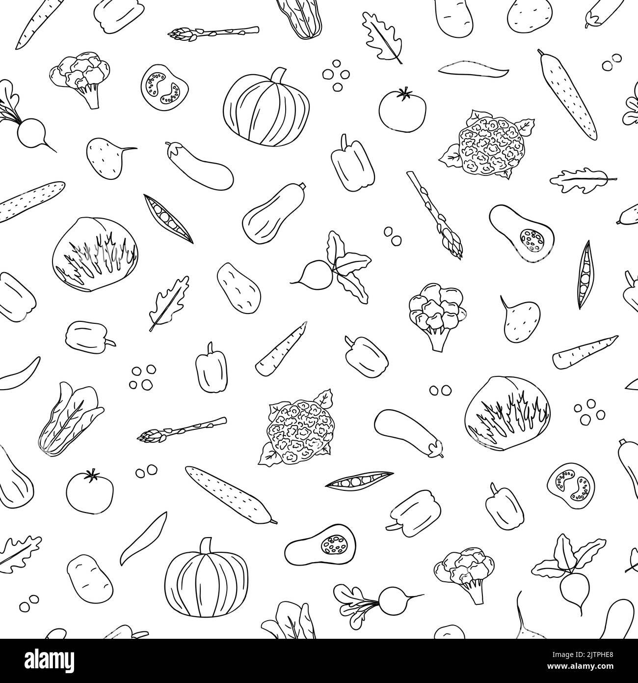 Motif noir et blanc sans couture avec légumes dessinés à la main. Illustration de Vecteur