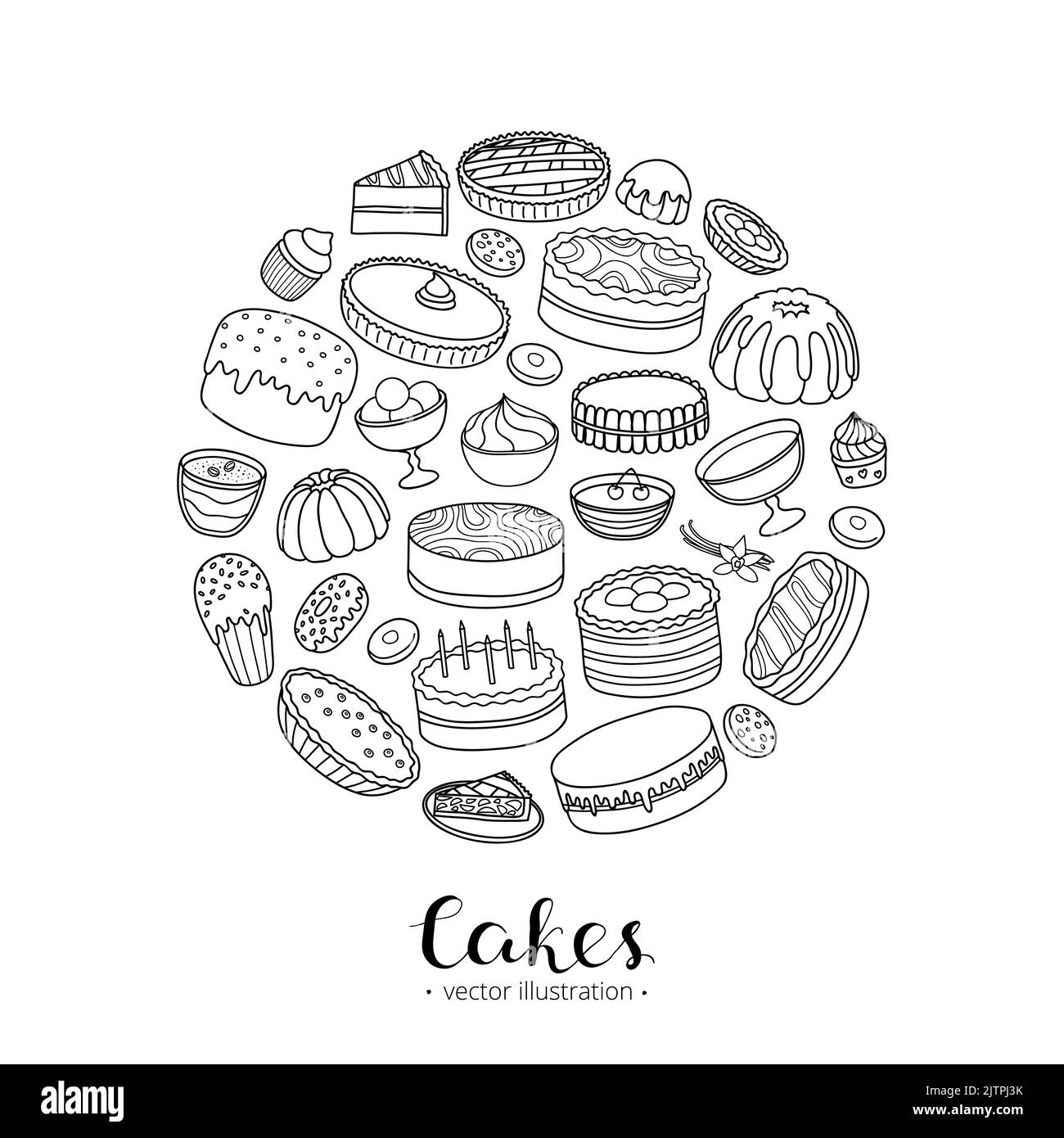Différents cakes dessinés à la main pour anniversaire, pâques, fête, café sucré composé en forme de cercle avec des lettres. Illustration de Vecteur