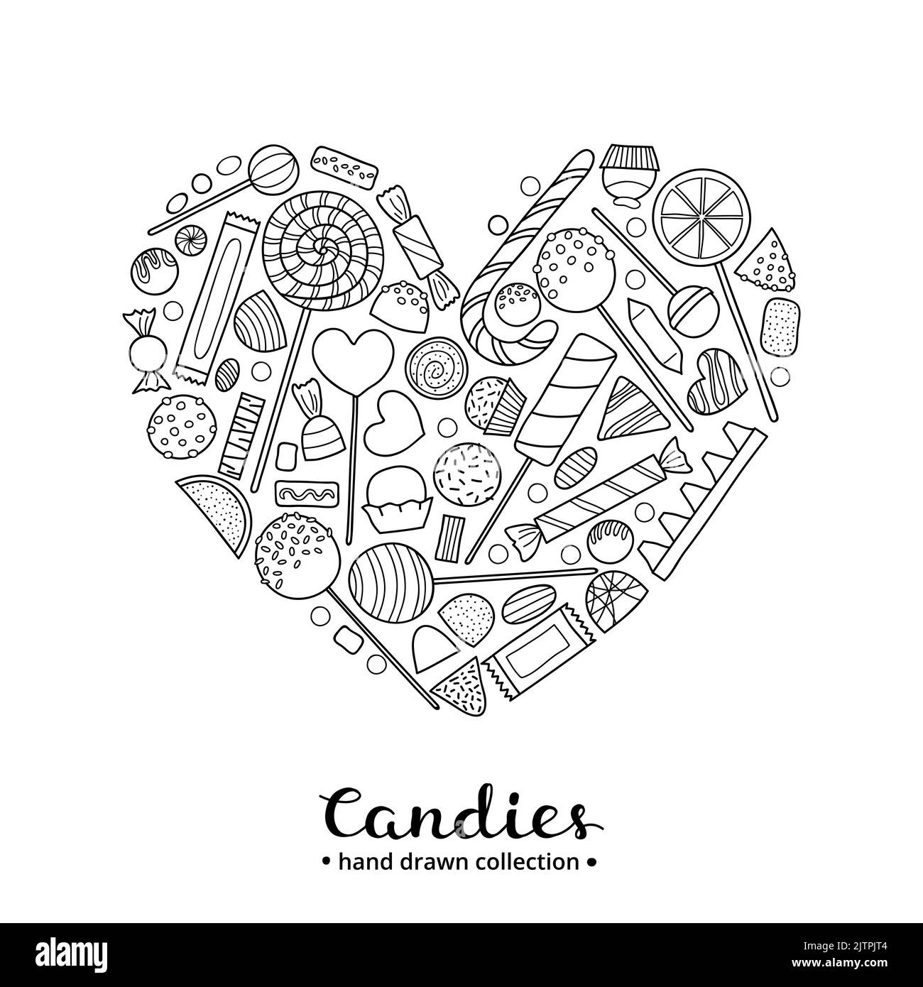 Bonbons dessinés à la main avec chocolat, gelée, lally, fruit composé en forme de coeur. Illustration de Vecteur