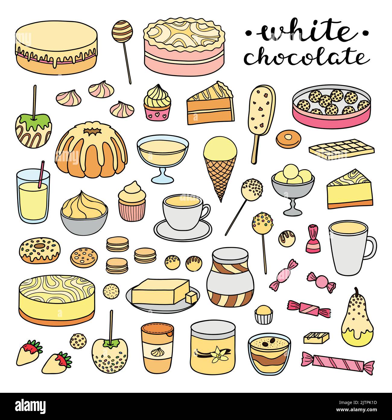 Collection de chocolat blanc et de produits à la vanille, bonbons, desserts, gâteaux, fruits isolés sur fond blanc. Illustration de Vecteur