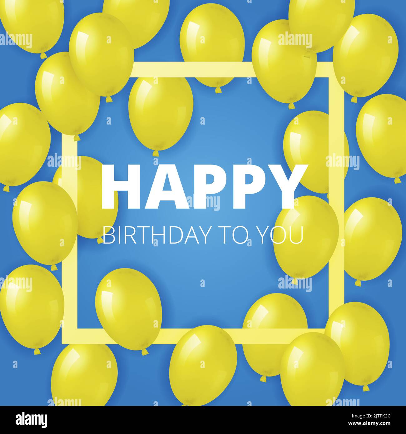 Arrière-plan bleu avec ballons d'hélium jaune réalistes, texte et cadre carré. Peut être utilisé pour les affiches, les invitations, les fliyers, le papier peint, les bannières, poste Illustration de Vecteur