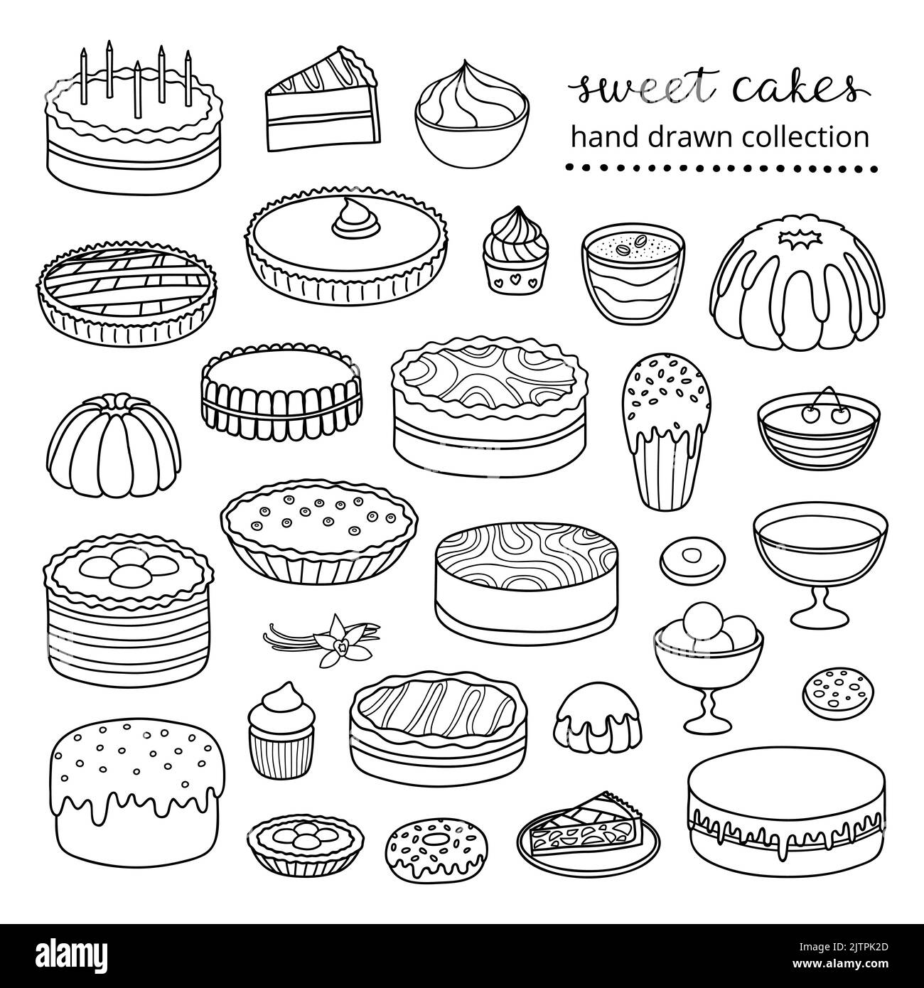 Collection de gâteaux dessinés à la main pour l'anniversaire, pâques, fête, café sucré isolé sur fond blanc. Illustration de Vecteur