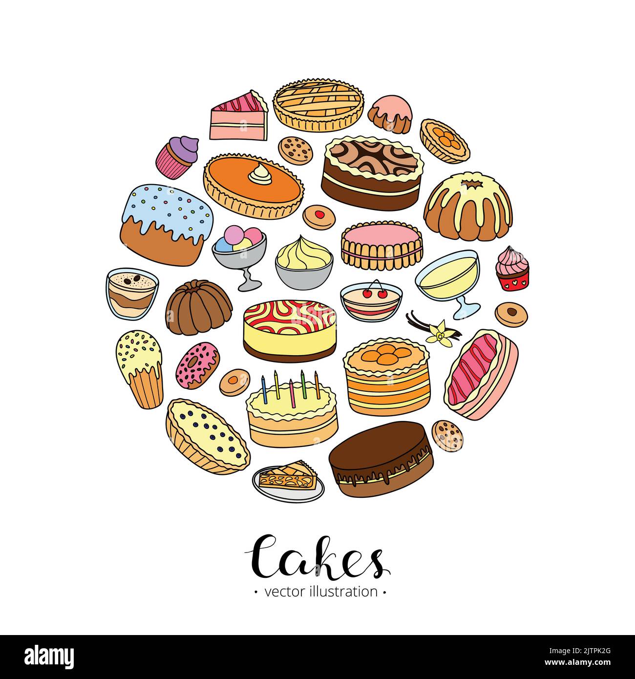 Différents gâteaux dessinés à la main pour l'anniversaire, pâques, fête, café sucré composé en forme de cercle avec des lettres. Illustration de Vecteur