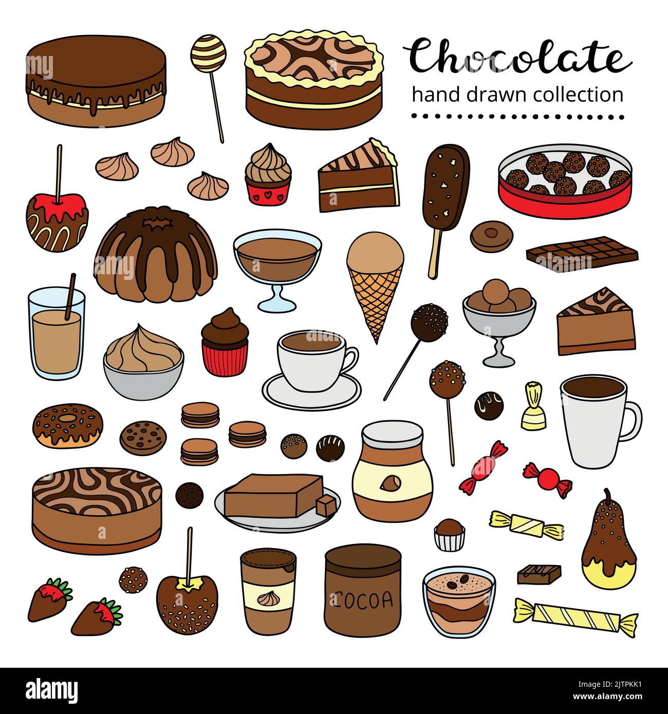 Collection de chocolat et de produits de cacao colorés, bonbons, desserts, gâteaux, fruits isolés sur fond blanc. Illustration de Vecteur