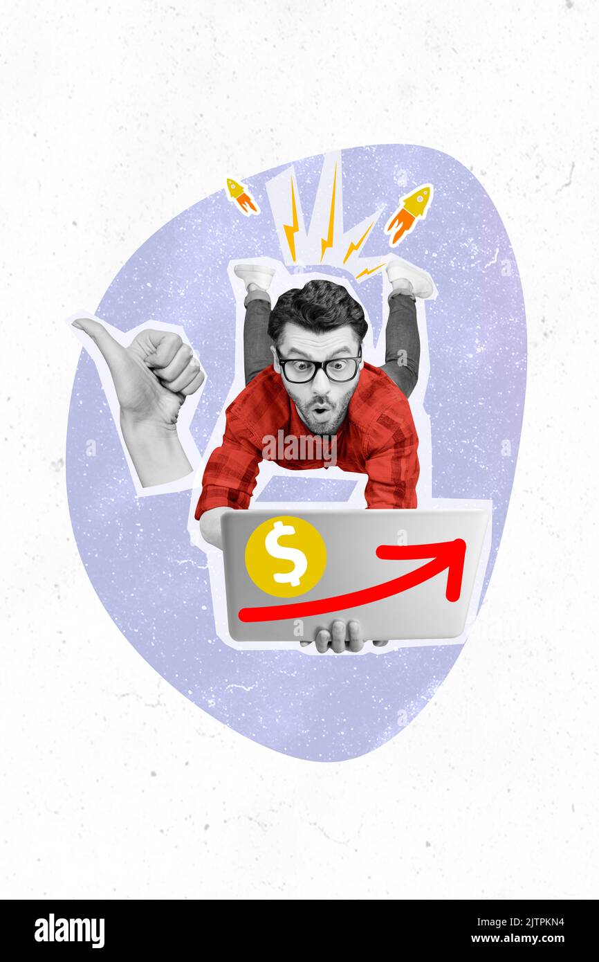 Image créative de magazine rétro 3D d'un homme funky impressionné gagnant beaucoup de crypto argent isolé toile de fond Banque D'Images