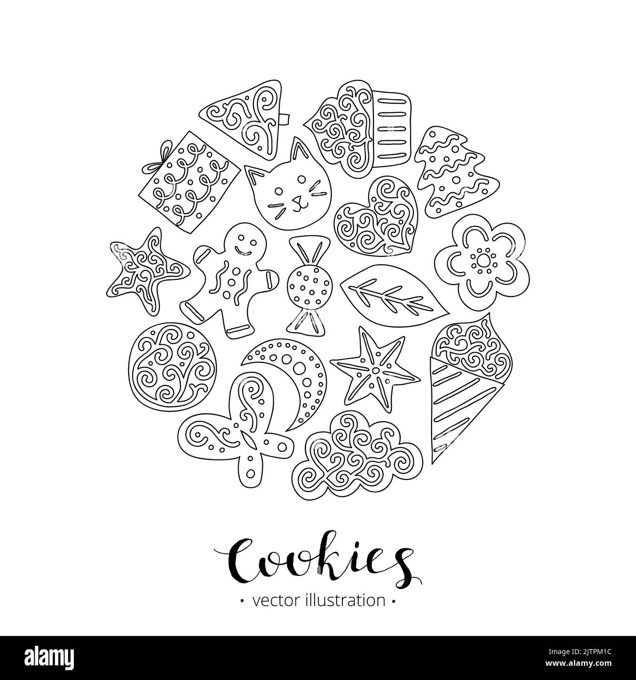 Petits gâteaux mignons dessinés à la main avec glaçage composé en forme de cercle avec lettrage. Illustration de Vecteur