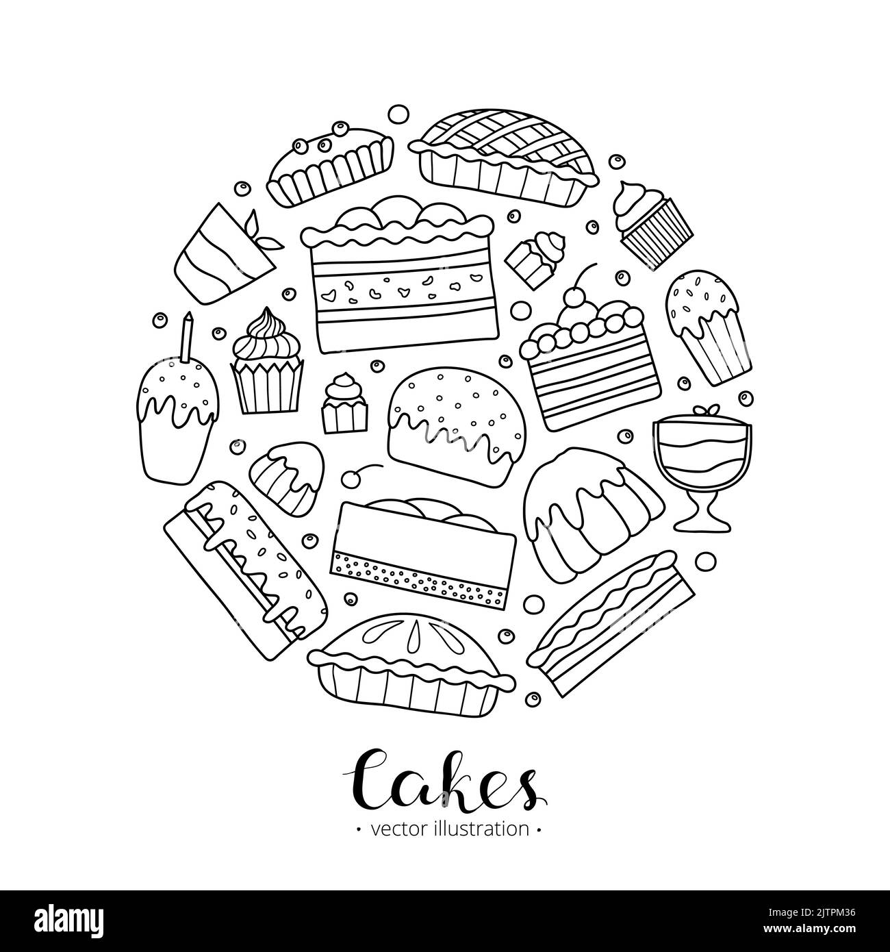 Adorable cakes de contour de doodle pour l'anniversaire, pâques, fête, café sucré composé en forme de cercle avec lettrage. Illustration de Vecteur