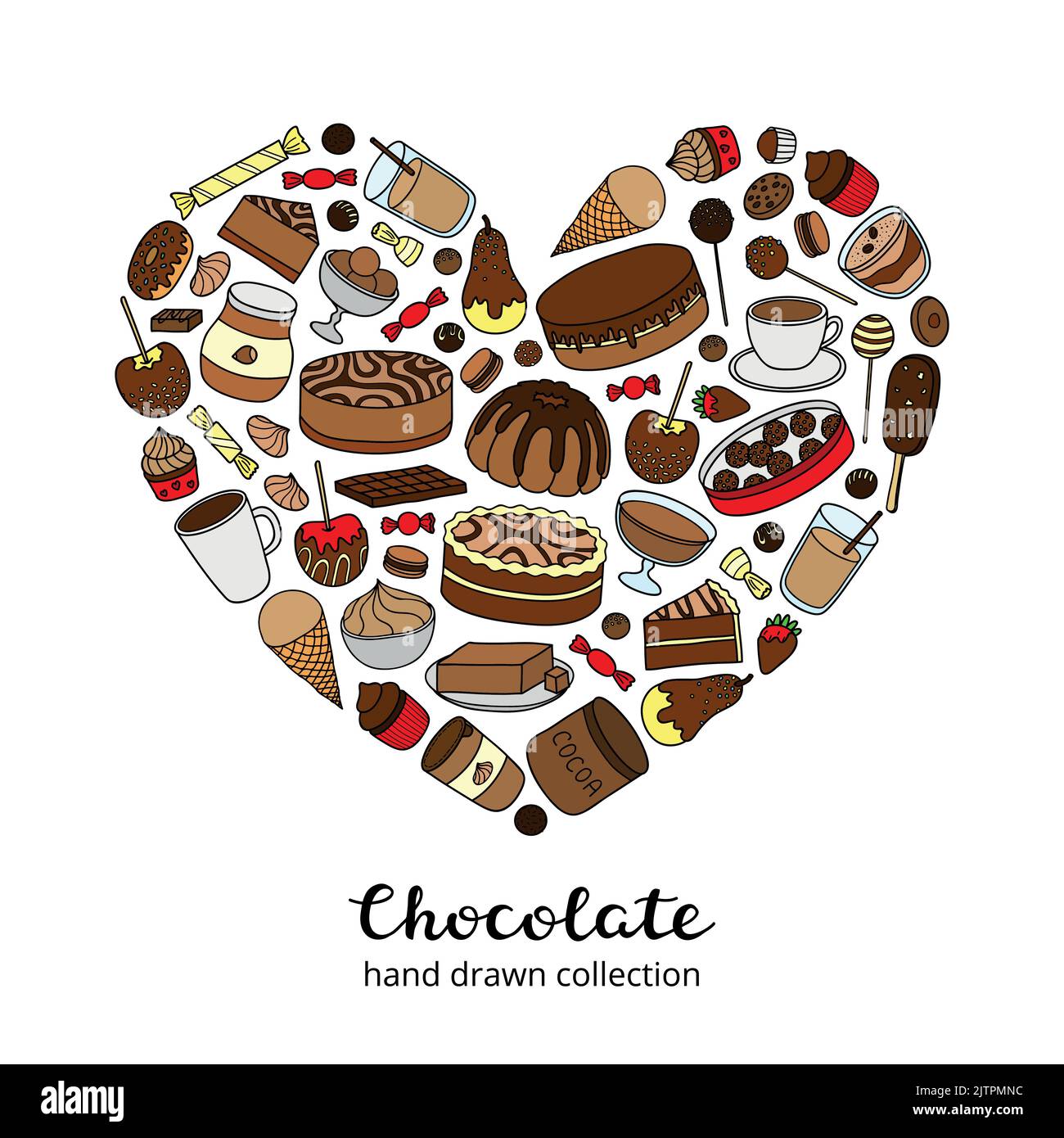 Chocolat et produits de cacao colorés, bonbons, desserts, gâteaux, fruits en forme de coeur. Illustration de Vecteur
