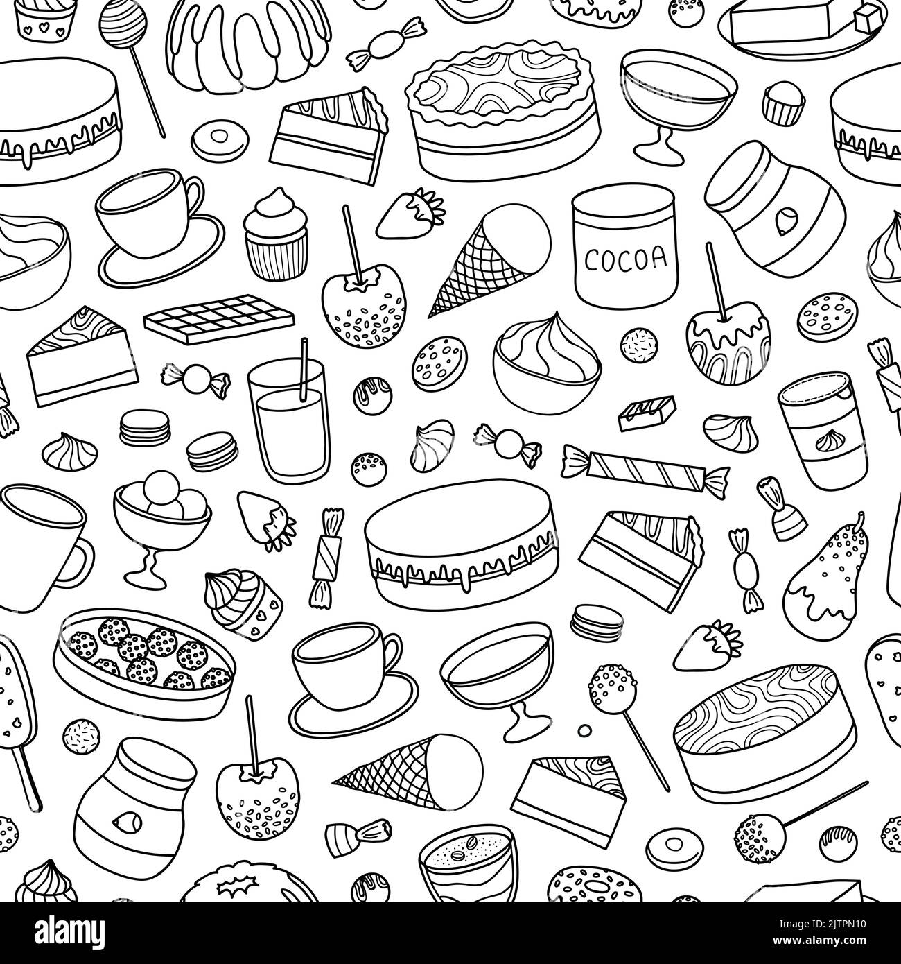 Motif noir et blanc sans couture avec chocolat et produits de cacao dessinés à la main, sucreries, desserts, gâteaux, fruits. Illustration de Vecteur