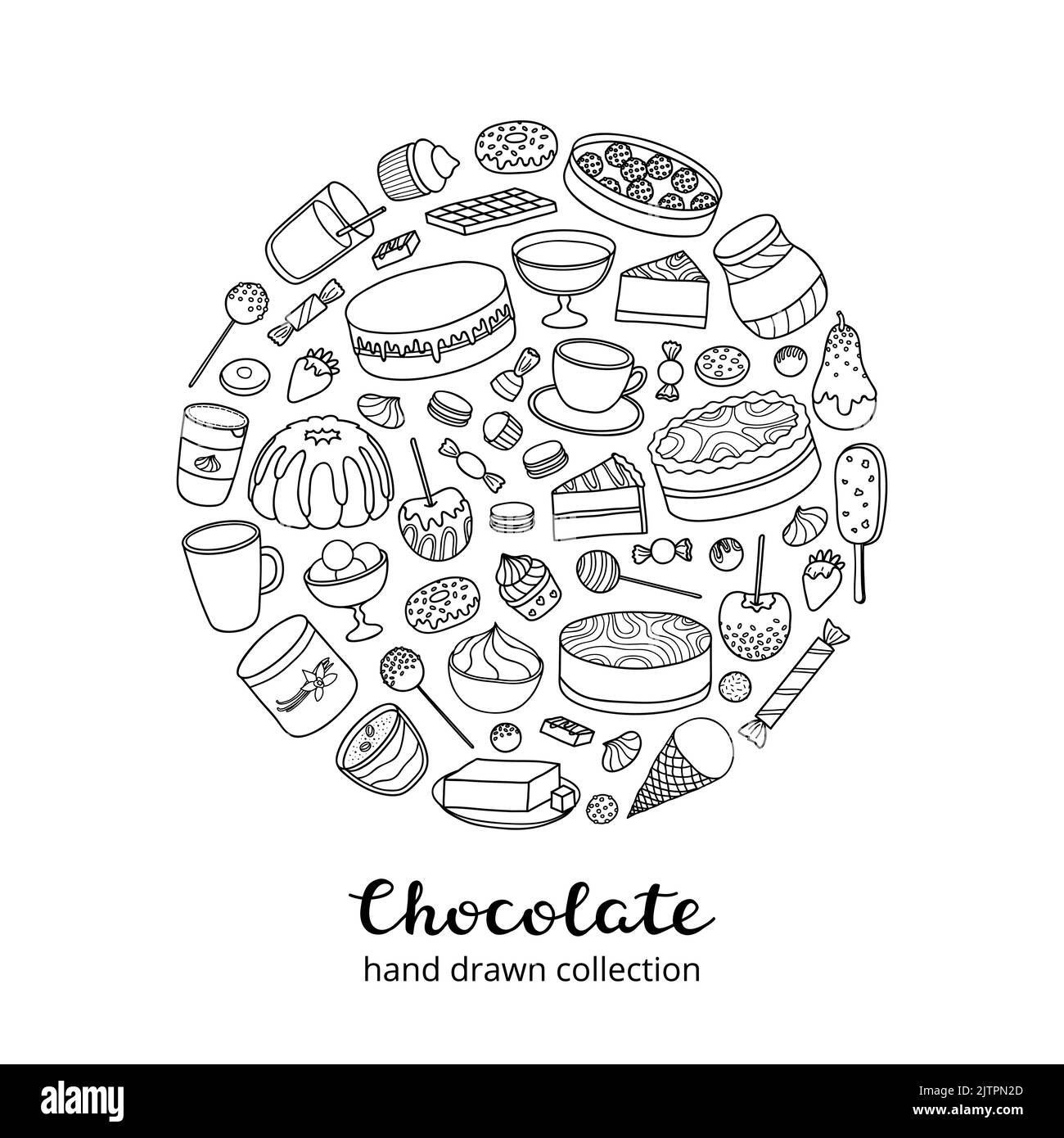 Aperçu des produits de chocolat à base de nouilles, des bonbons, des desserts, des gâteaux, des fruits composés en forme de cercle. Illustration de Vecteur