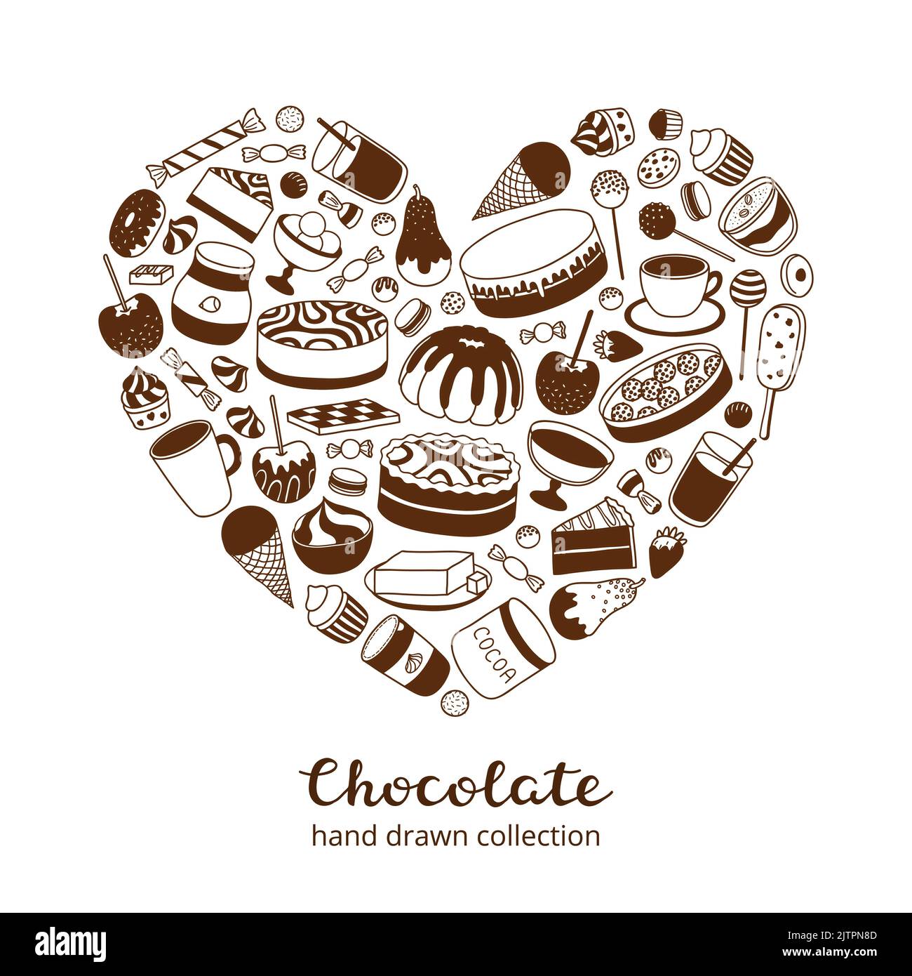 Chocolat et produits de cacao, bonbons, desserts, gâteaux, fruits en forme de coeur. Illustration de Vecteur