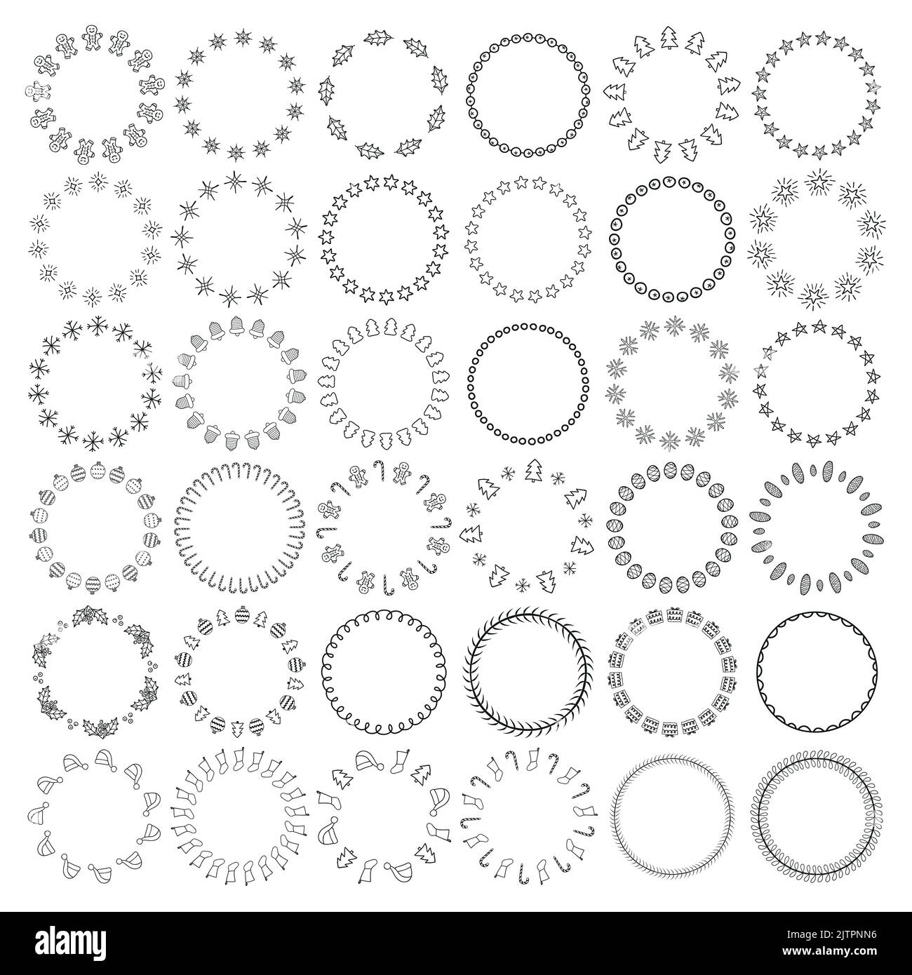 Grande collection de différentes couronnes rondes de Noël dessinées à la main, isolées sur fond blanc. Illustration de Vecteur