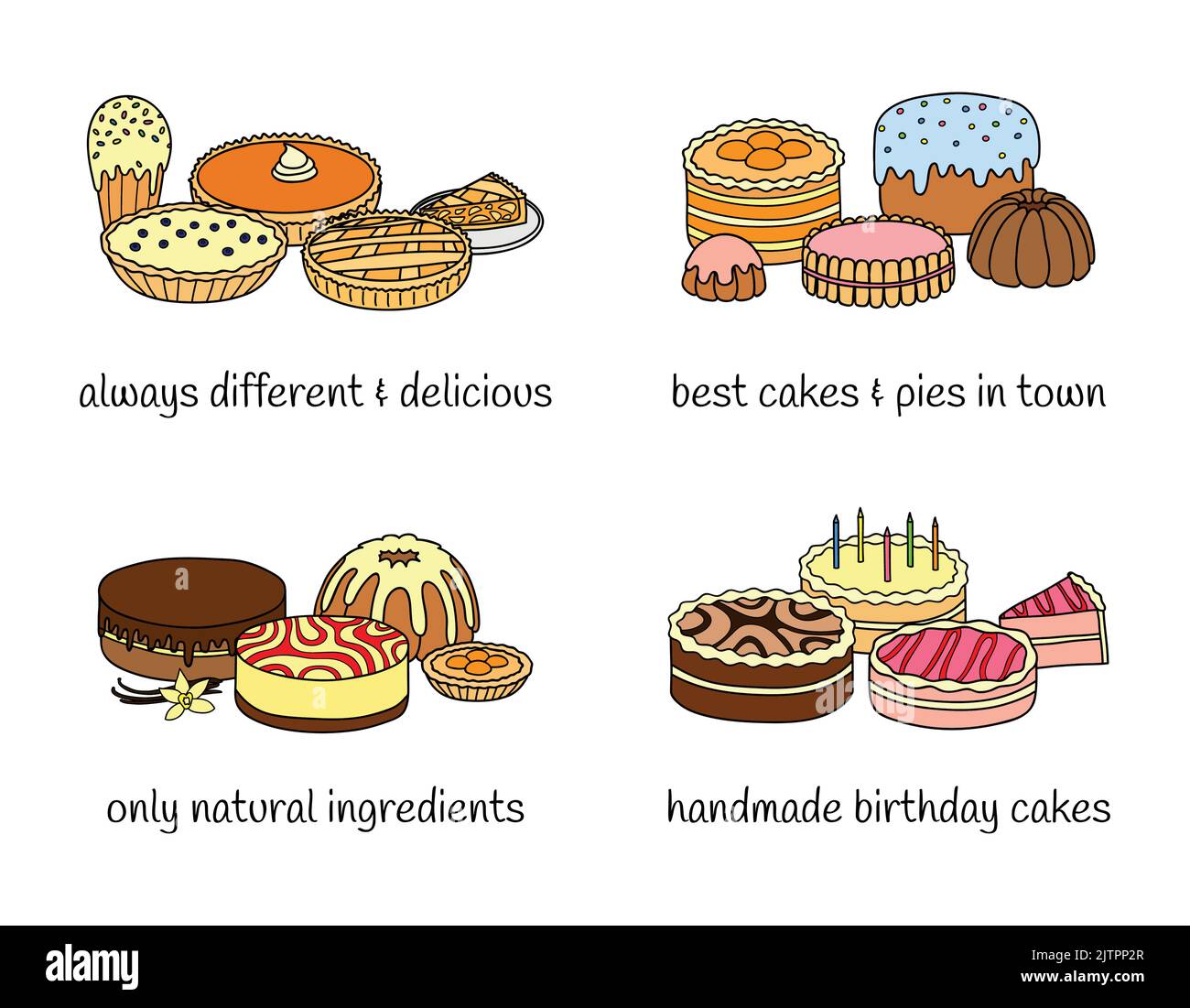Différents groupes de gâteaux et de tartes isolés sur fond blanc. Illustration vectorielle dessinée à la main. Illustration de Vecteur