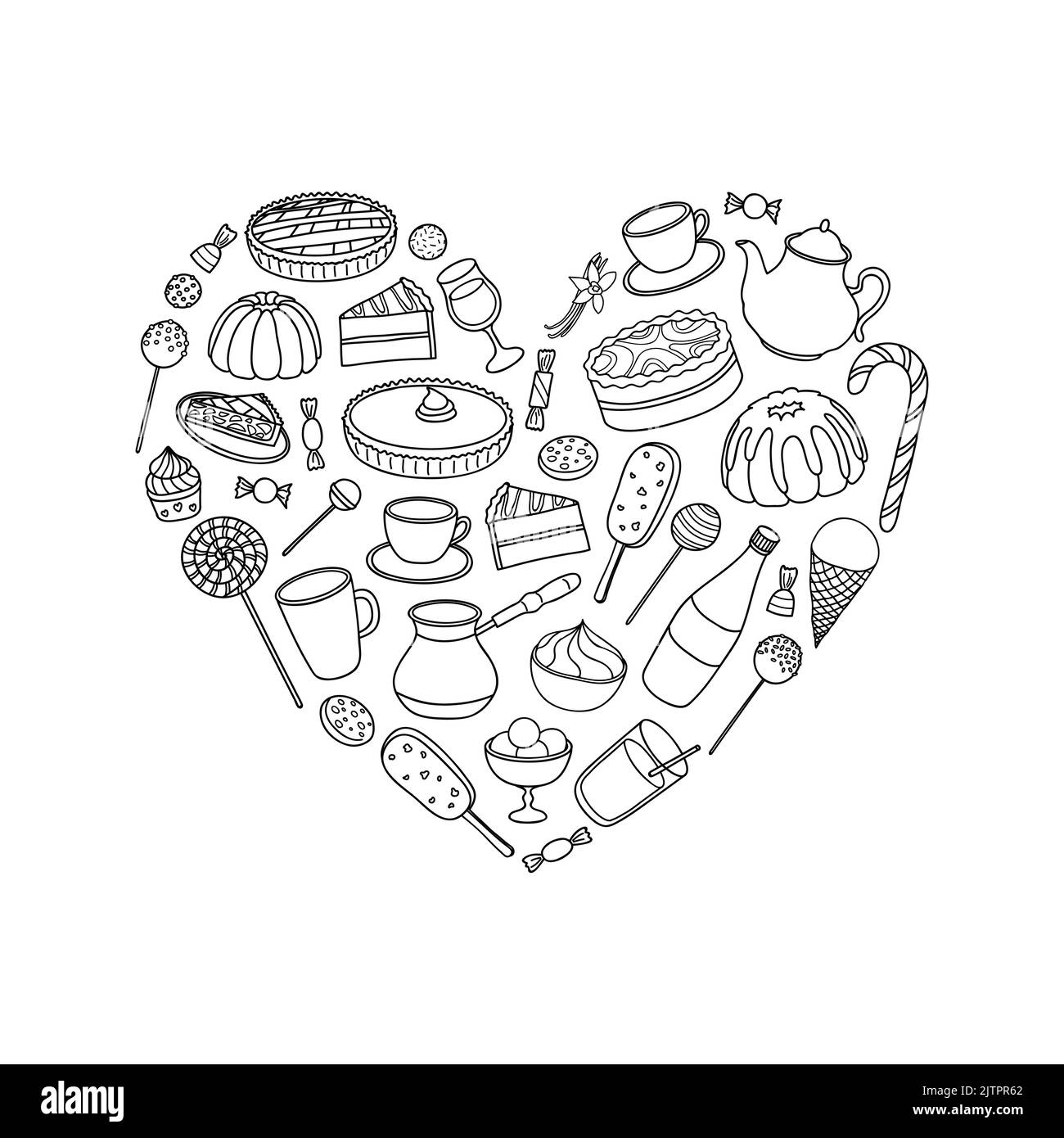 Bonbons dessinés à la main, gâteaux, crèmes glacées, tartes, café, thé composé en forme de coeur. Illustration de Vecteur