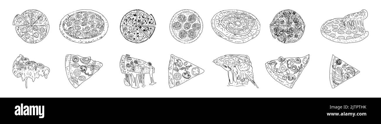 Ensemble pizza, style esquisse. Vue de dessus. Modèle de conception. Collection de pizzas avec ingrédients. Illustration de style gravé. Idéal pour le menu, l'affiche ou l'étiquette Illustration de Vecteur