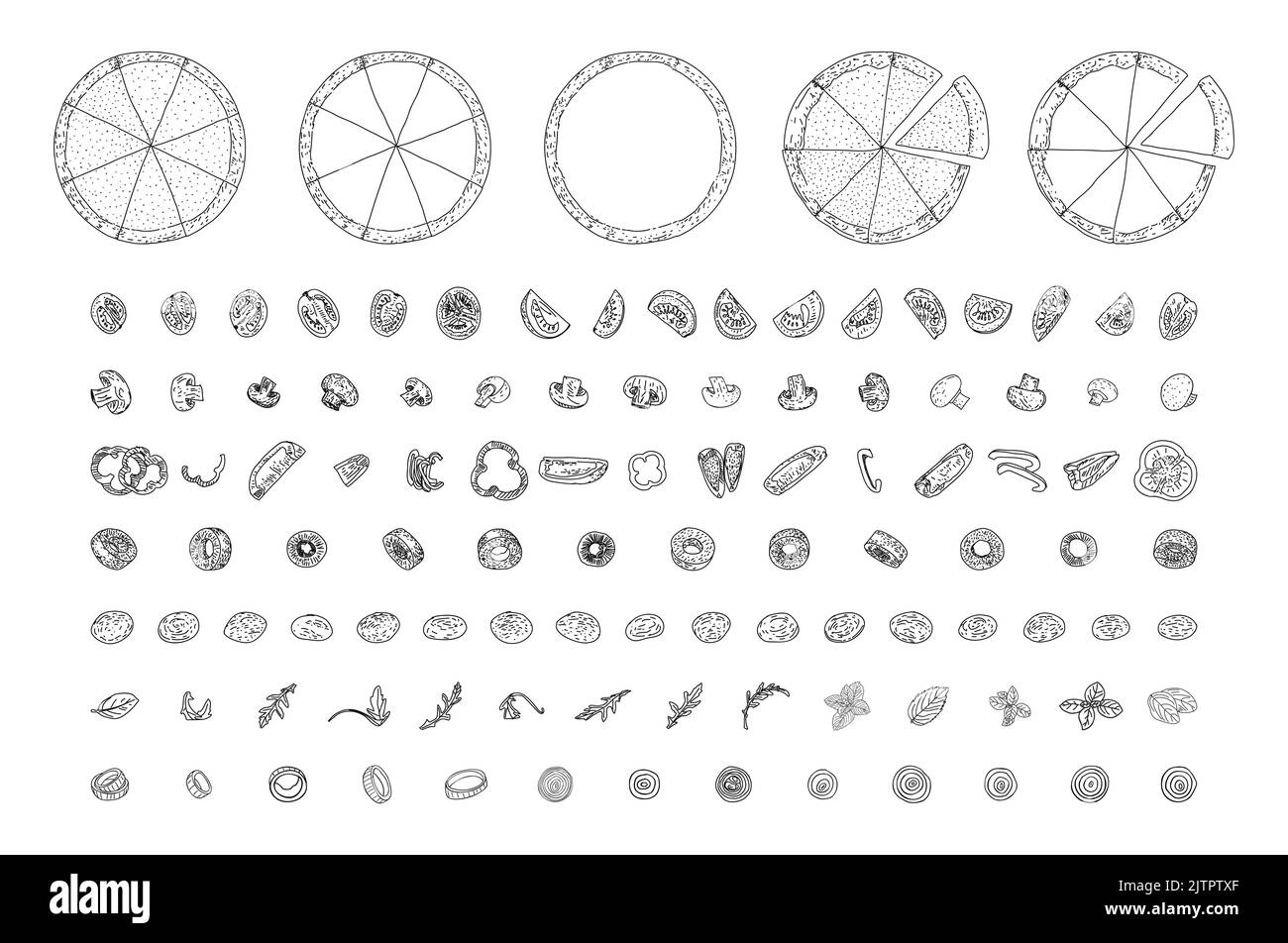 Ensemble pizza, style esquisse. Vue de dessus. Modèle de conception. Collection de pizzas avec ingrédients. Illustration de style gravé. Idéal pour le menu, l'affiche ou l'étiquette Illustration de Vecteur