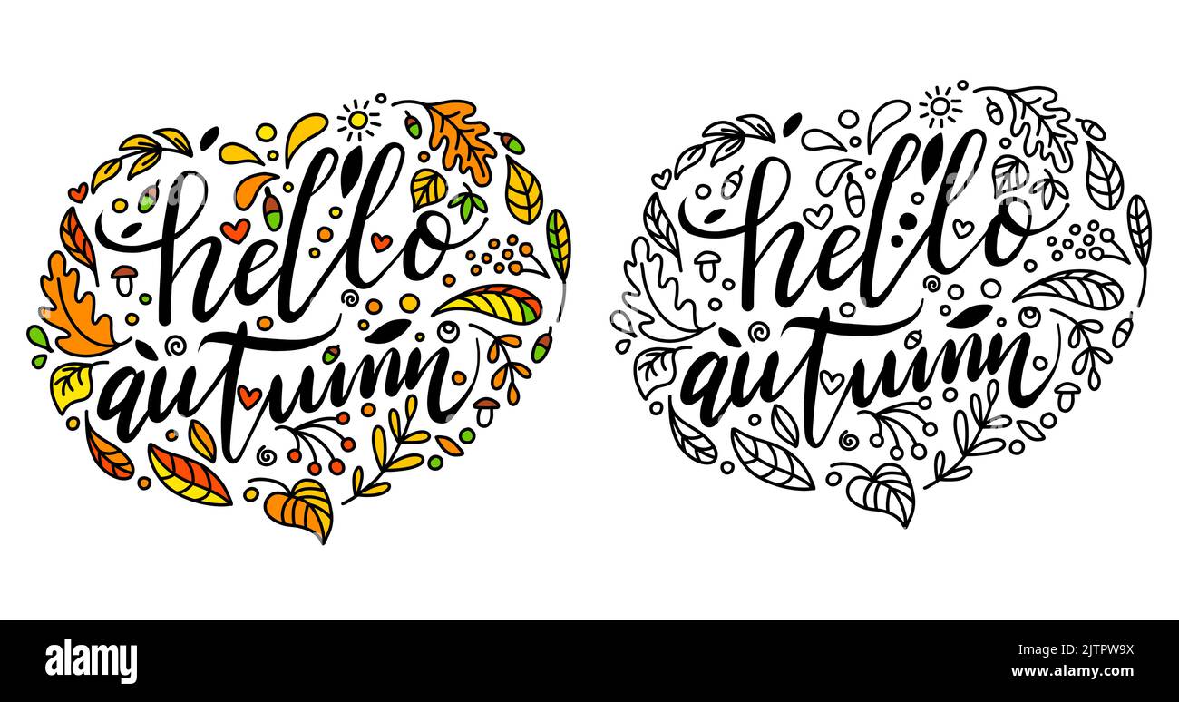 Bonjour l'automne lettrage phrase avec des feuilles de doodle. Modèles noir et blanc et couleur. Illustration vectorielle isolée sur fond blanc. Pour l'impression, de Illustration de Vecteur