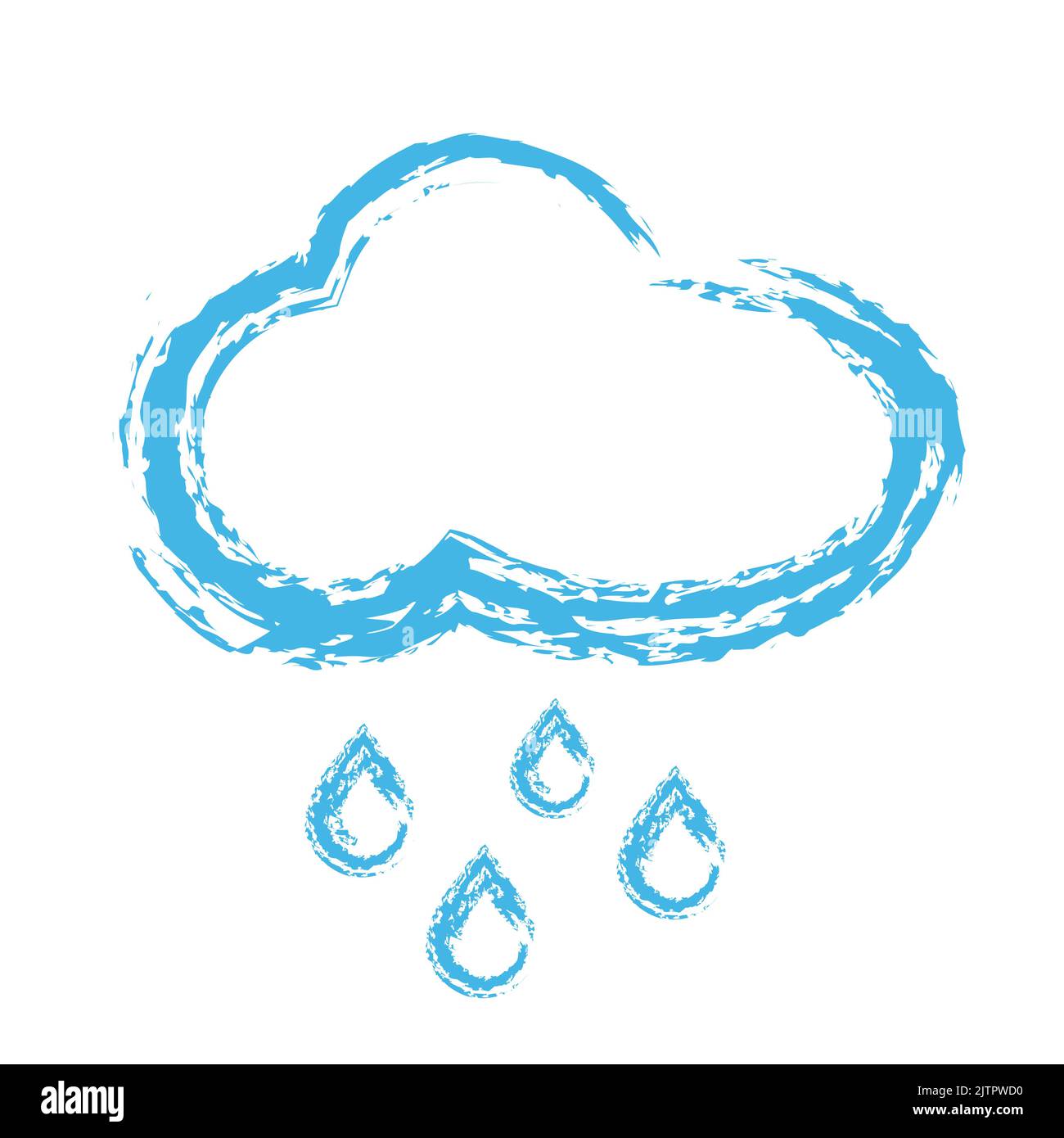 Nuage avec pluie, chutes de gouttes, dessin à la craie bleu à la main. Illustration de Vecteur