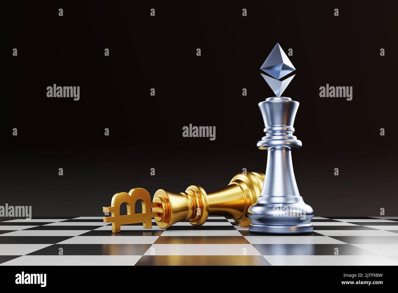 Ethereum bat Bitcoin sur un jeu de dames noir et blanc classique. Ethereum  prend la part de marché du Bitcoin Photo Stock - Alamy