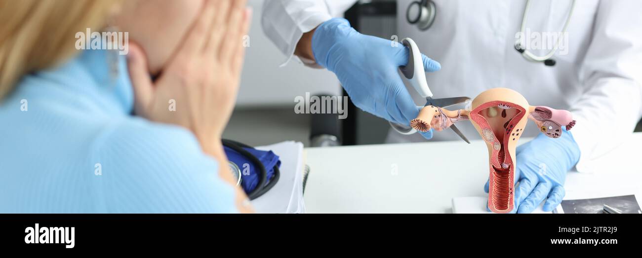Médecin grimpant tube de Fallope avec des ciseaux sur des modèles artificiels sur l'utérus et les ovaires en clinique Banque D'Images