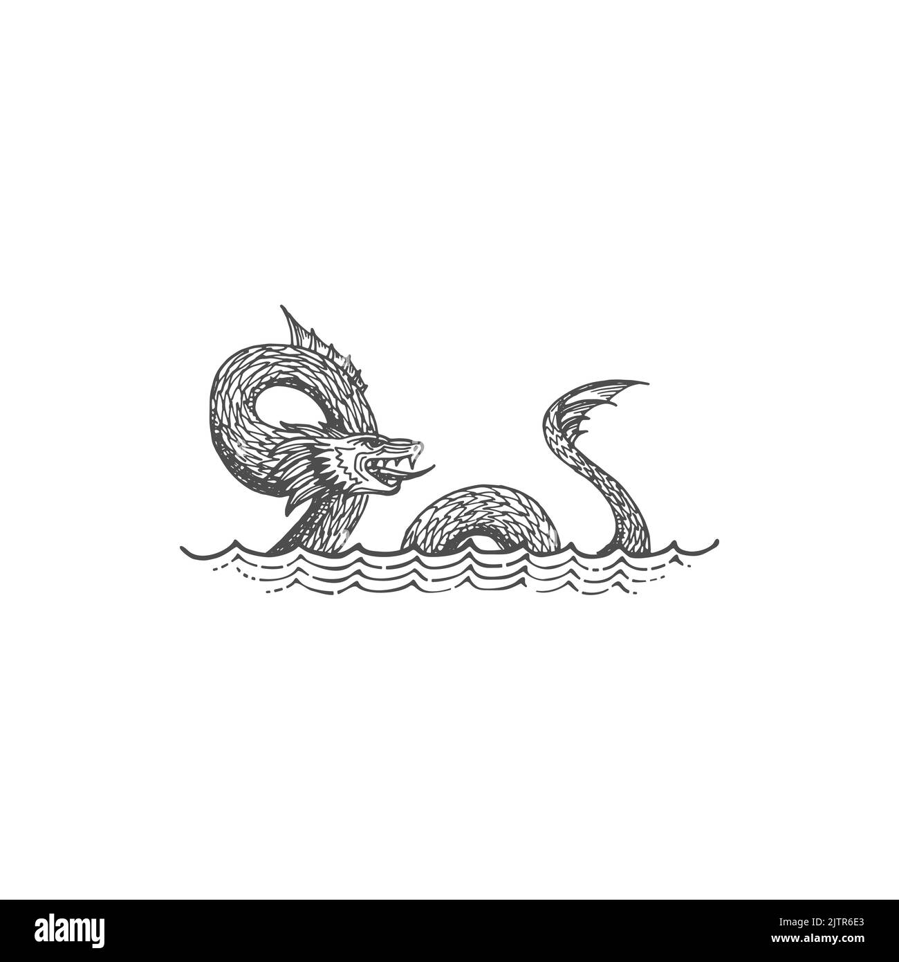 Créature mythique Léviathan, serpent de mer dans le judaïsme isolé croquis monochrome. Vector selma monstre folklorique norvégien, légendaire dragon de léviathan créature mythique, dinosaure d'eau, bête sous-marine Illustration de Vecteur