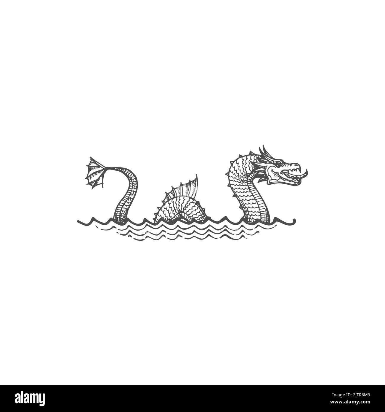 Le dragon de type serpent de Bakunawa dans la mythologie philippine dans les vagues d'eau de mer ou d'océan isolé icône d'esquisse monochrome. Créature mythique Vector Underworld, dragon géant d'époque, animal de conte de fées Illustration de Vecteur