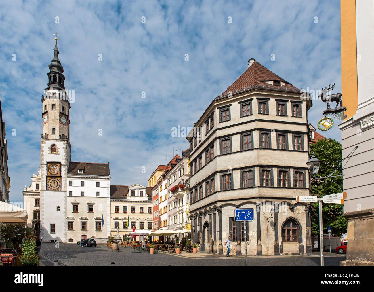 Ancien hôtel de ville Tour de l'horloge et place du bas marché (Untermarkt), Görlitz (Goerlitz), Allemagne Banque D'Images