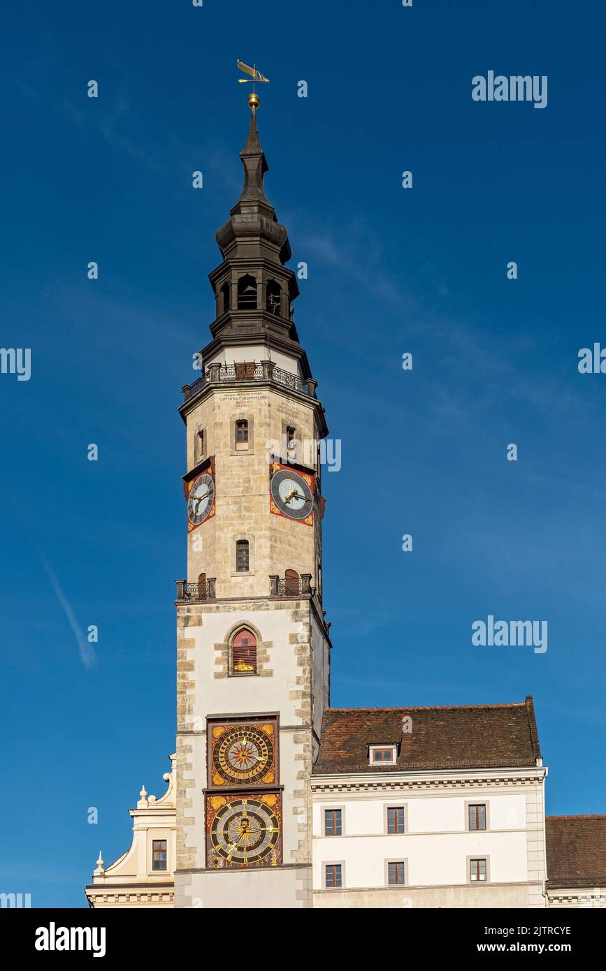 Ancien hôtel de ville Tour de l'horloge, place du bas marché (Untermarkt), Görlitz (Goerlitz), Allemagne Banque D'Images