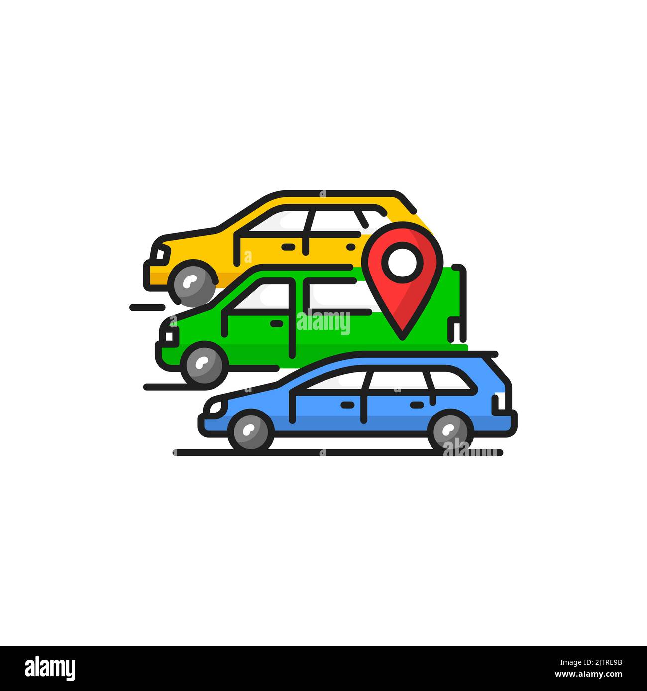 Service de partage de voiture, covoiturage, voitures et emplacement signe isolé couleur linéaire icône. Vector Ride-partage et Lift-partage, plusieurs services Drive and Share Illustration de Vecteur