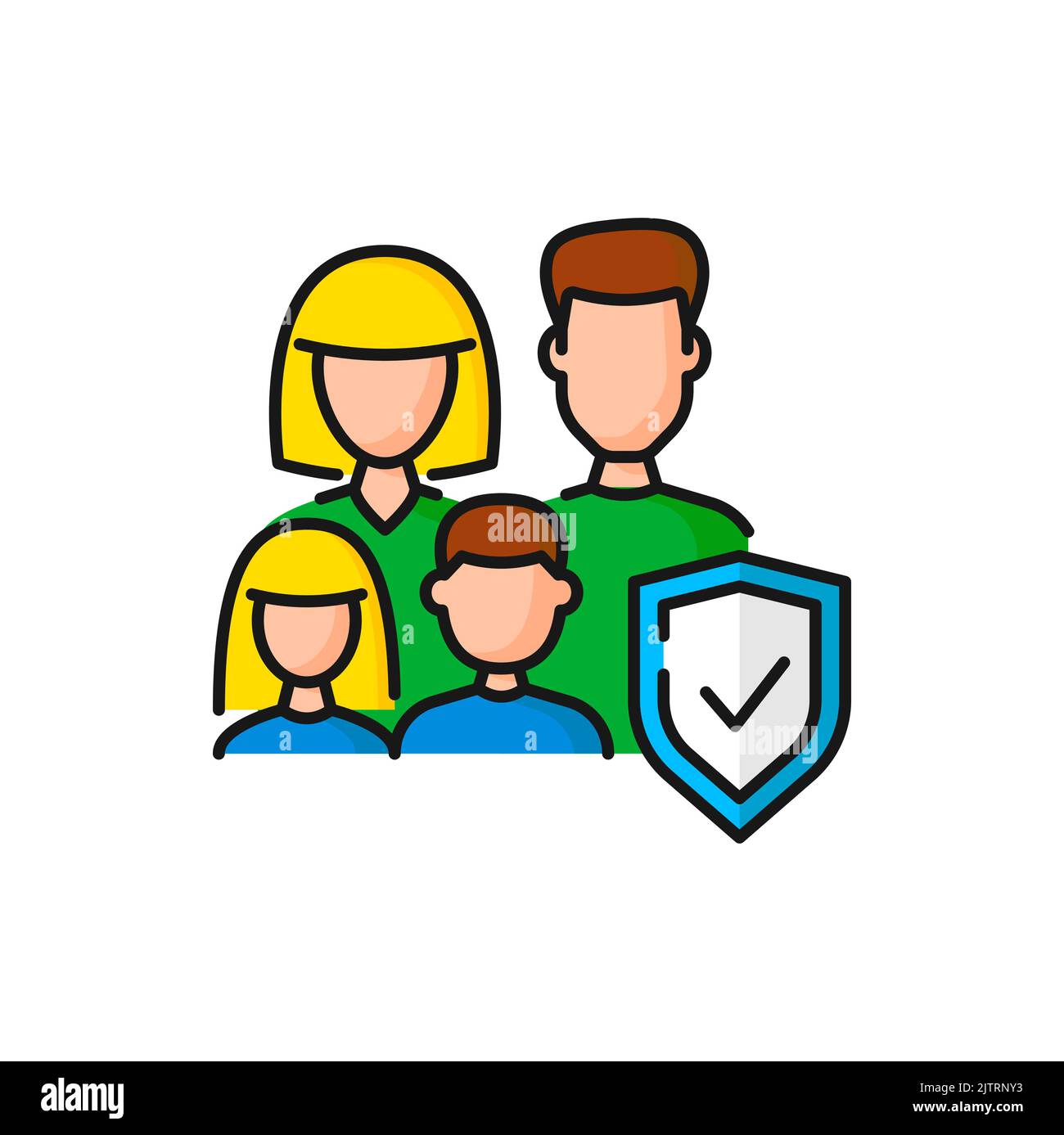 Bien-être familial, assurance médicale et santé couleur isolée contour parents, enfants et bouclier de protection. Sécurité et assurance des membres de la famille Illustration de Vecteur