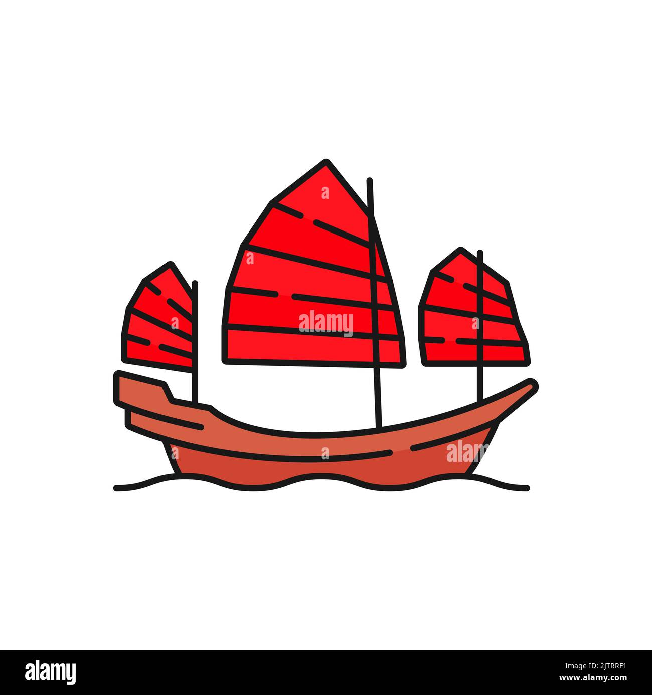 Bateau de voyage à Hong Kong avec toile rouge, icône représentant un bateau. Vector transport voilier, ancienne navigation chinoise et bateau de croisière, hk touriste trans Illustration de Vecteur
