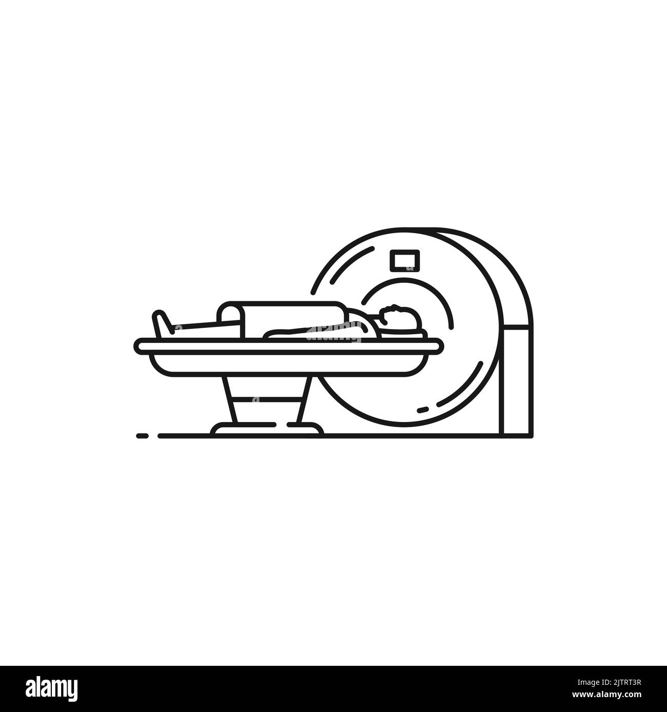 Femme effectuant une IRM sur une machine de tomographie icône de contour isolé. Acquisition de patients par résonance magnétique vectorielle, diagnostic par tomographie assistée par ordinateur Illustration de Vecteur