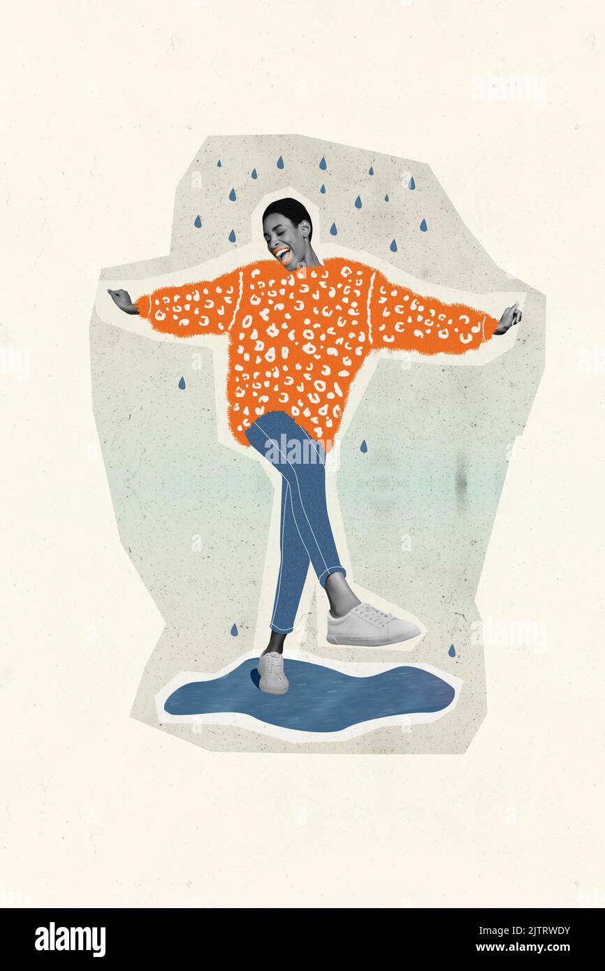 Image de collage créatif vertical de positive heureuse dansante excitée fille profiter temps pluvieux eau chute automne peinture vêtements flaque Banque D'Images