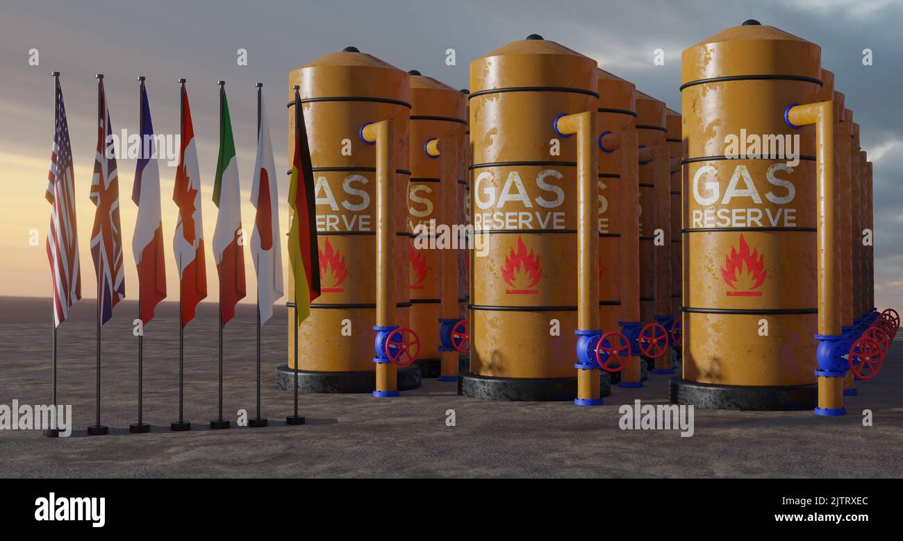 G7 pays contre le gaz russe, drapeaux de G7 pays, réserve de gaz russe, 3D travaux et 3D illustrations Banque D'Images