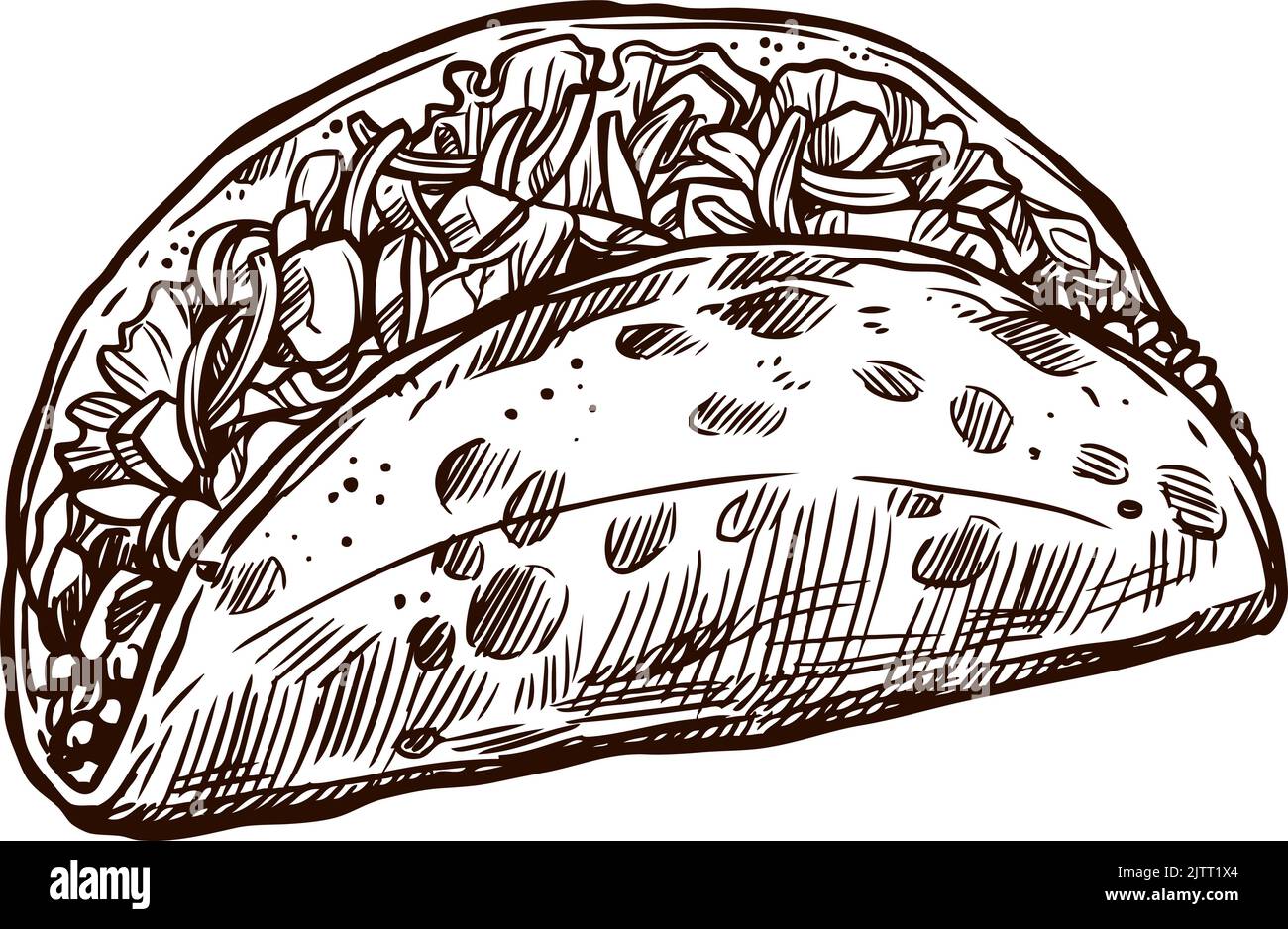 Taco de vacances, symbole d'esquisse vectoriel. Cinco de Mayo au Mexique ou fête du 5 mai Fiesta, symbole traditionnel de la fête nationale des tacos mexicains, Illustration de Vecteur