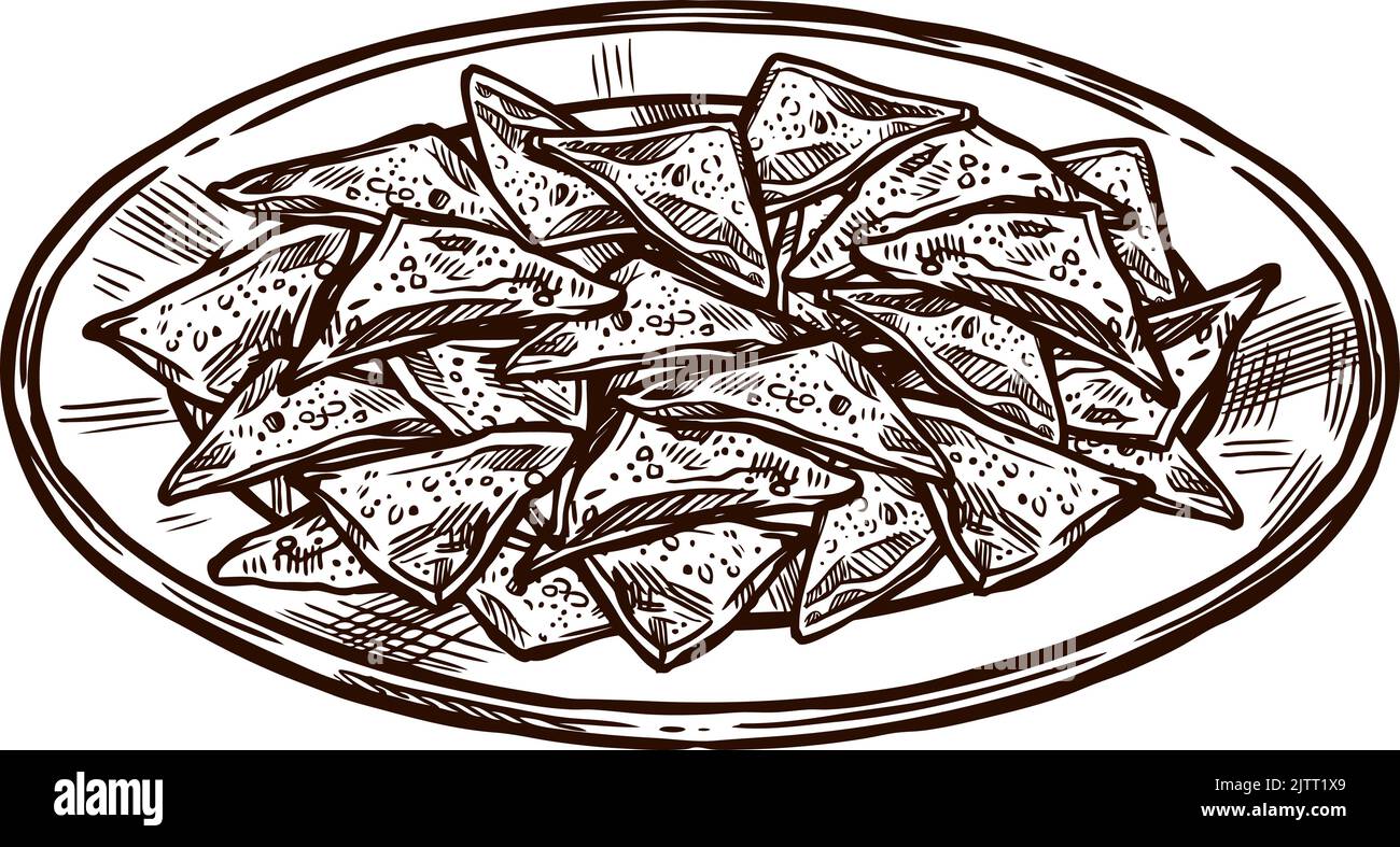 Nachos mexicains pour les vacances traditionnelles du Mexique, croquis vectoriel. Cinco de Mayo ou le symbole fiesta du 5 mai de jetons mexicains de nachos, croquis dessiné à la main Illustration de Vecteur