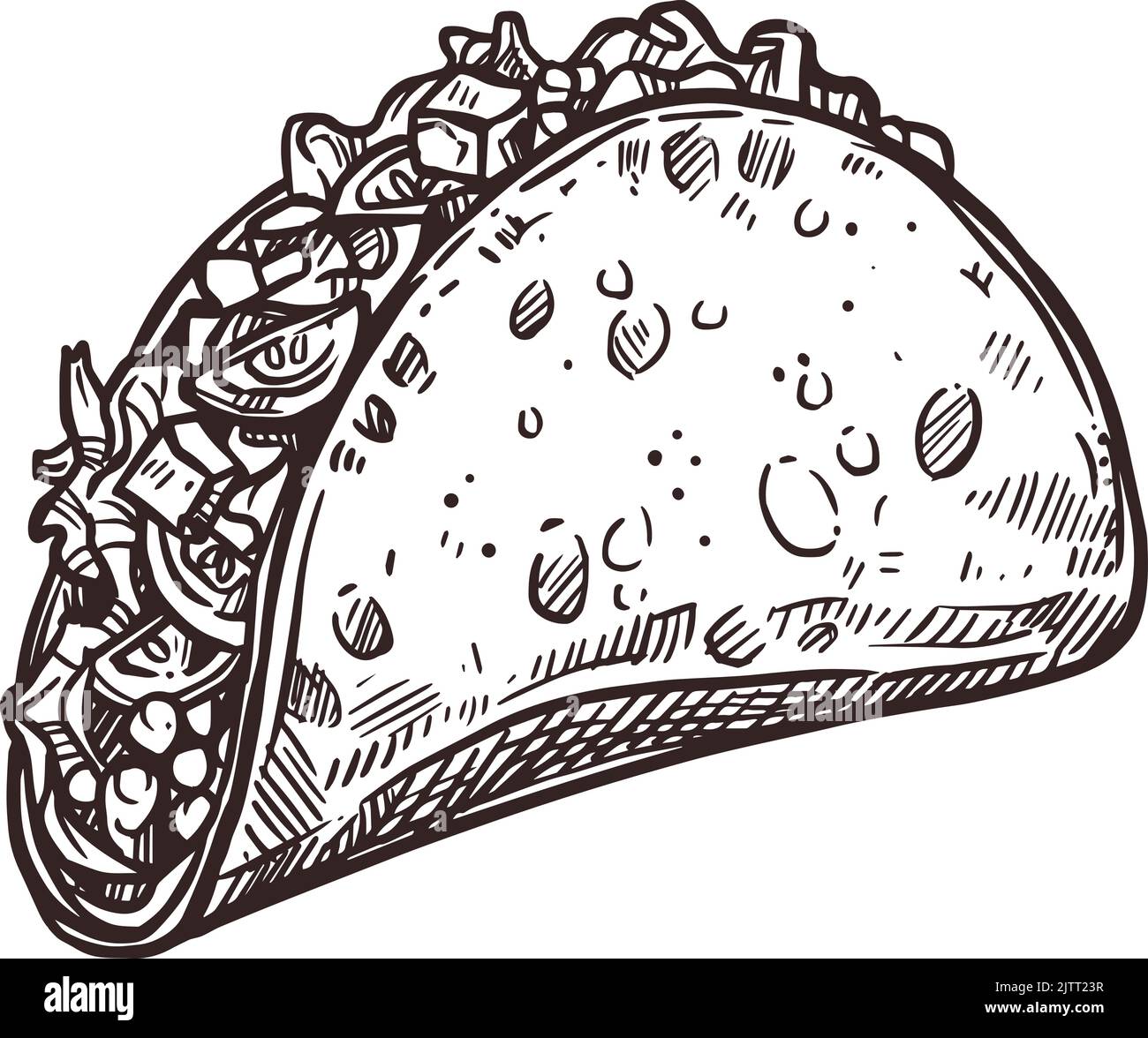 Taco mexicain, cuisine traditionnelle mexicaine Fiesta, croquis vectoriel. Cinco de Mayo ou le symbole fiesta du 5 mai des tacos mexicains dans un croquis dessiné à la main Illustration de Vecteur