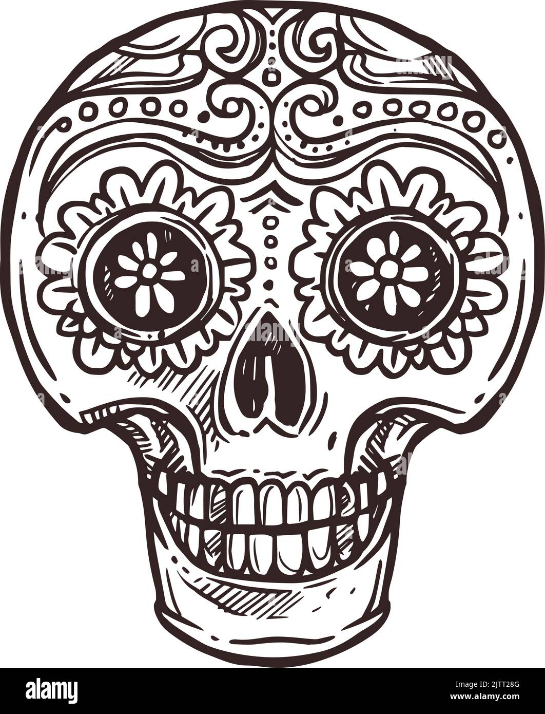 Cinco de Mayo fêtes mexicaines crâne calavera, symbole de fête du Mexique, croquis vectoriel. Cinco de Mayo ou 5 mai fiesta fête traditionnelle calavera crâne avec ornement mexicain en dessin main Illustration de Vecteur