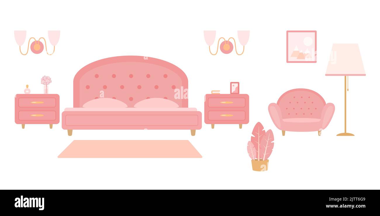 Intérieur confortable aux couleurs roses. Style dessin animé plat. Illustration vectorielle. Concept d'intérieur Illustration de Vecteur